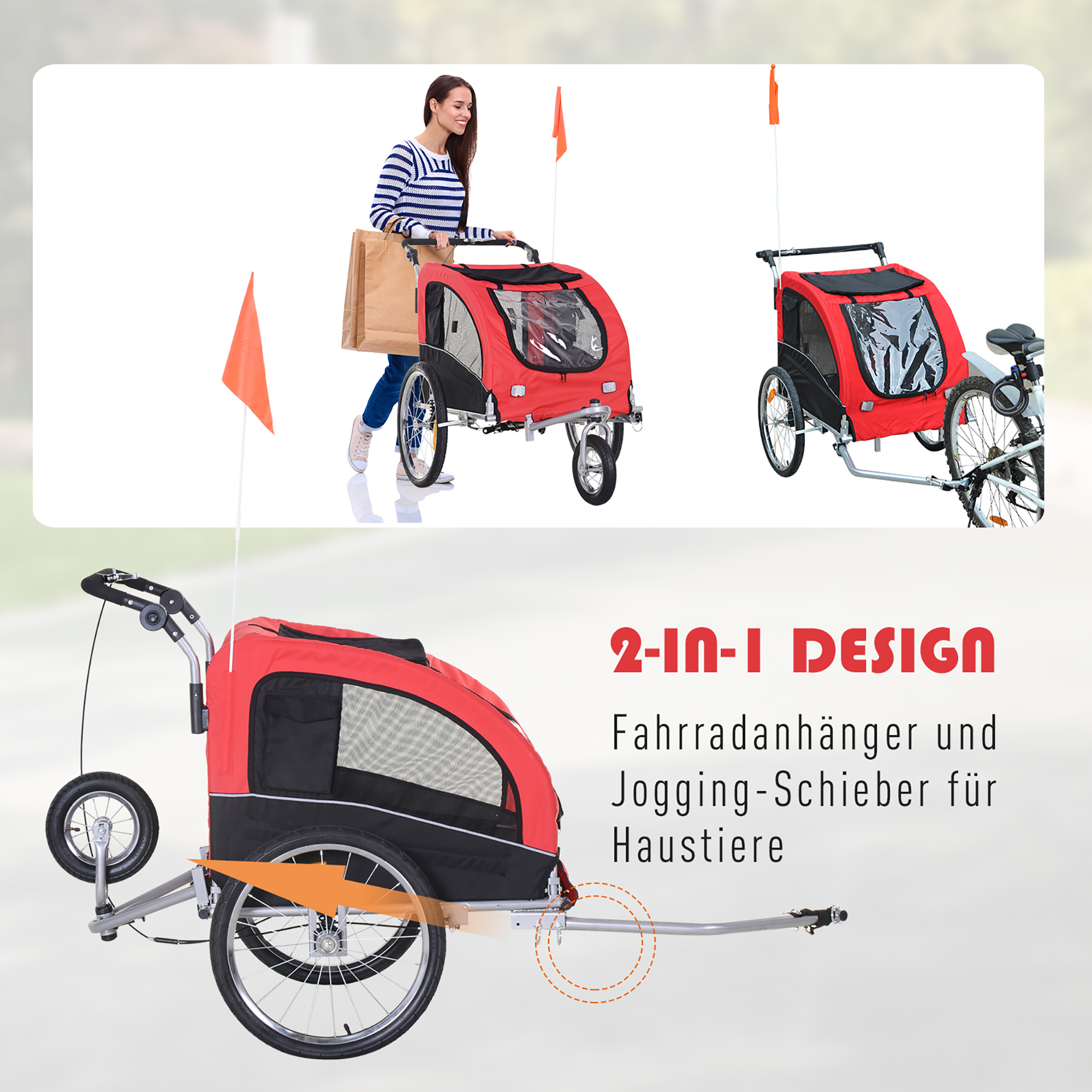 Hundeanhänger mit Jogger-Funktion Universalkupplung Stahl Rot+Schwarz