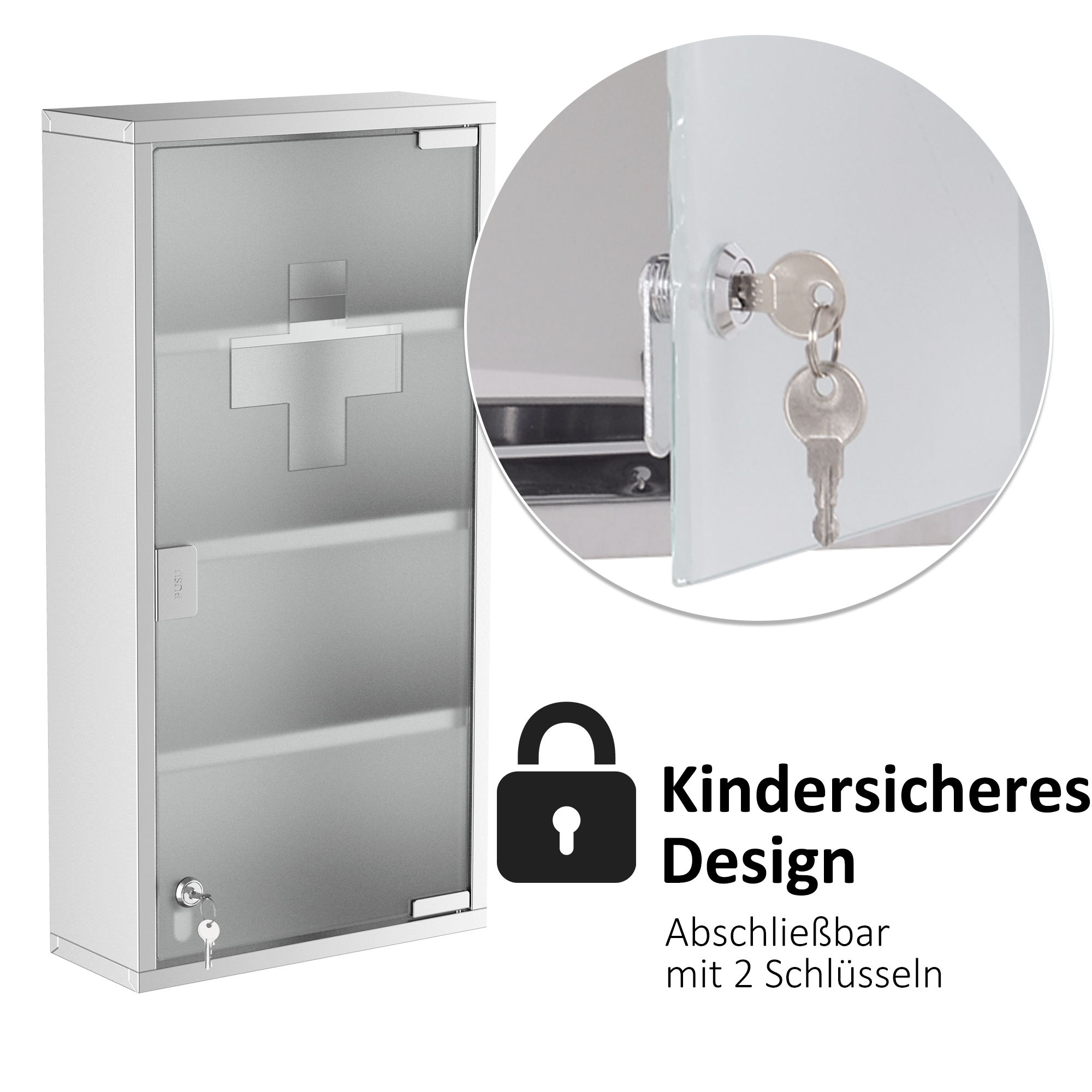 Medizinschrank Arzneischrank aus Edelstahl, Abschließbar Medikamentenschrank mit 4 Fächern, Glastür Apothekerschrank zur Medikamenten-Aufbewahrung, 30 x 12 x 60 cm