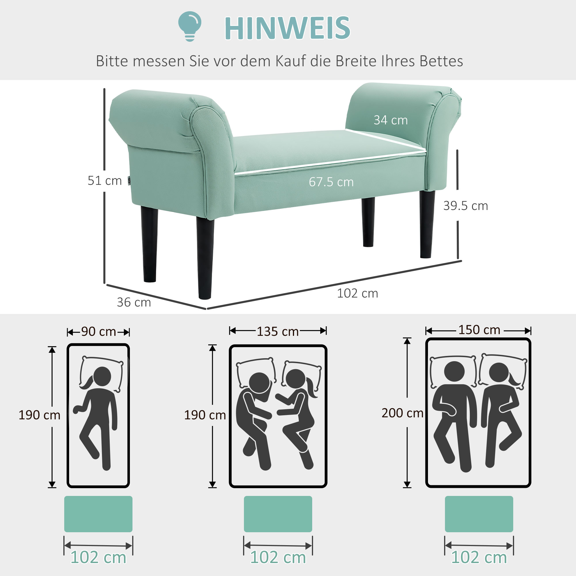 Gepolsterte Sitzbank für Schlafzimmer und Flur, bis 130 kg belastbar, 102 x 36 x 51 cm, Grün