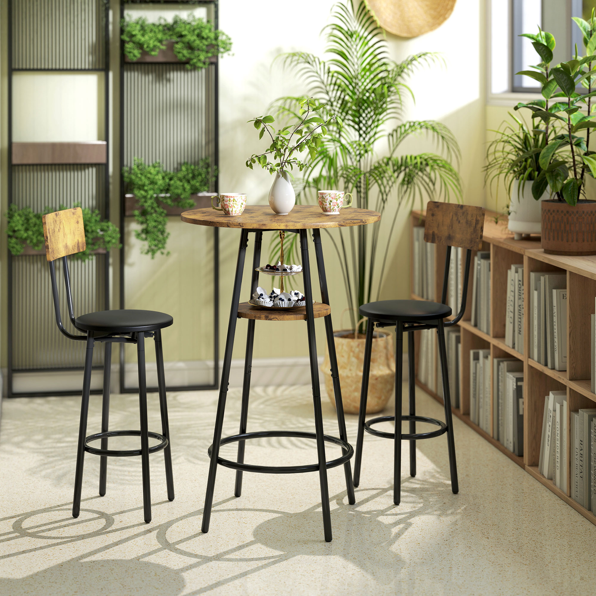 3-teiliges Bartisch-Set mit 2 gepolsterten Hockern, Kunstleder-Bezug, Rückenlehne, Metallgestell, Braun