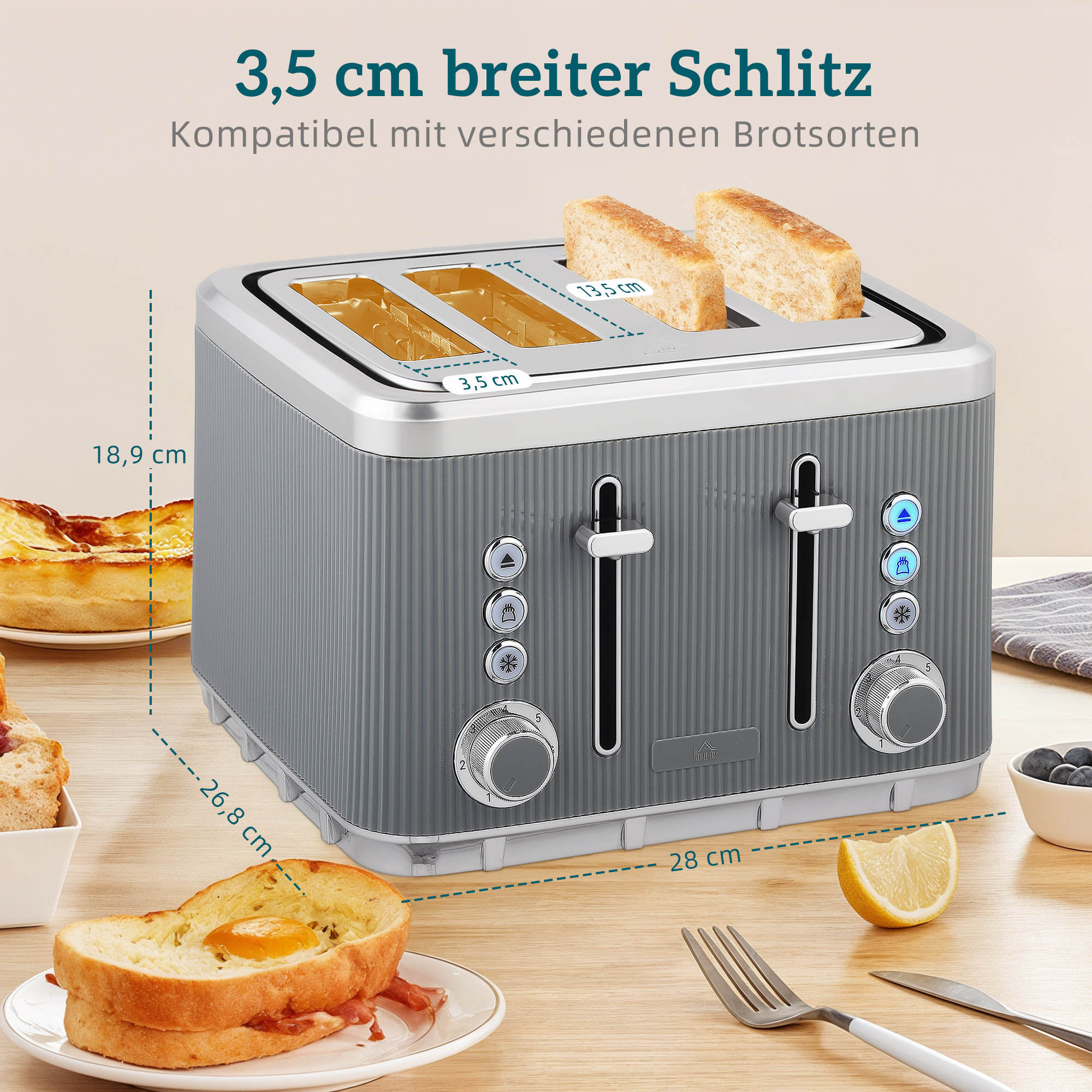 2200W, 1,7L Wasserkocher mit Schnellkochfunktion, Kalkfilter und 4-Scheiben-Toaster mit 7 Bräunungsstufen, Grau