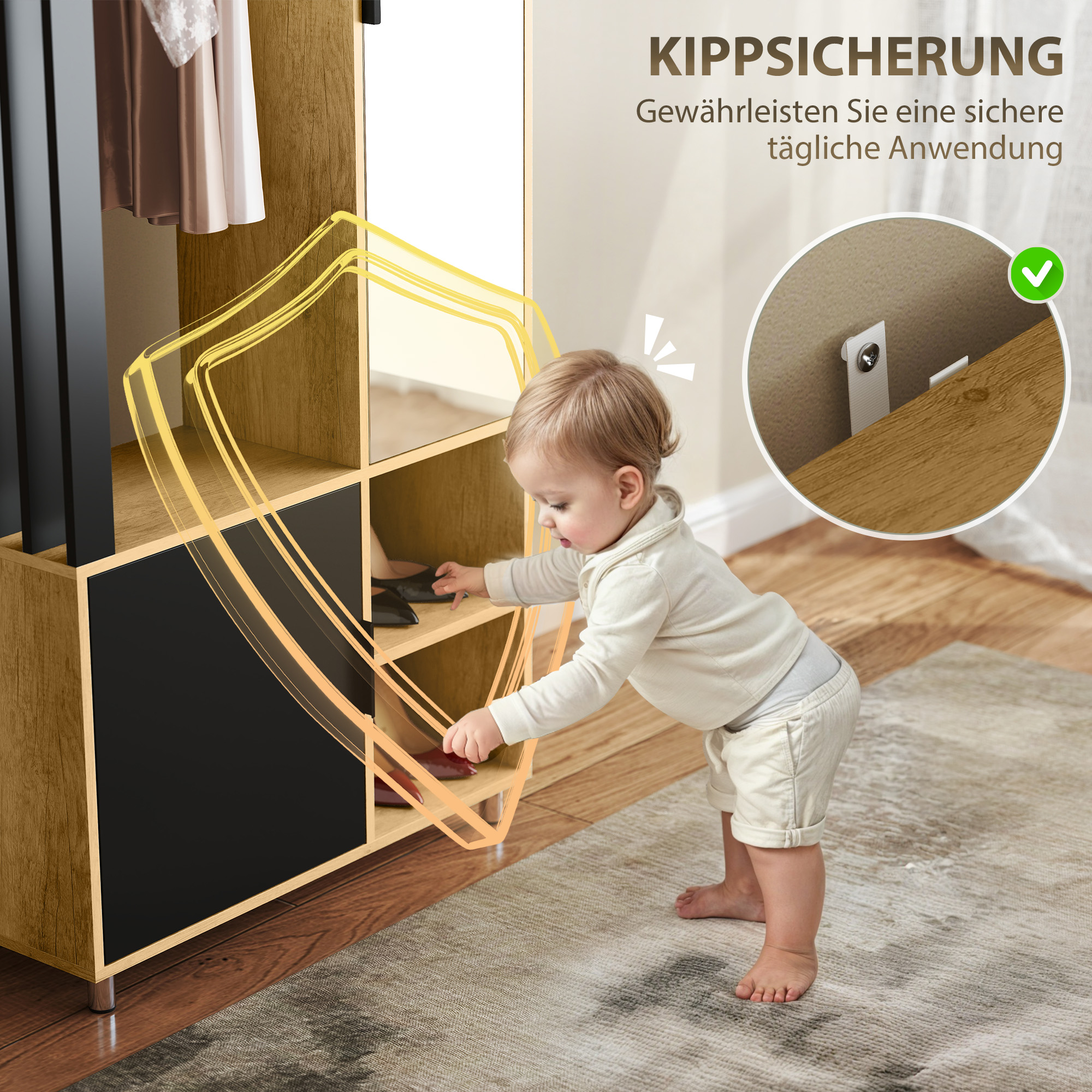 Kleiderschrank mit Spiegel und Hängestange, Aufbewahrungsfächer, offene Ablageflächen, Naturholz, Schwarz