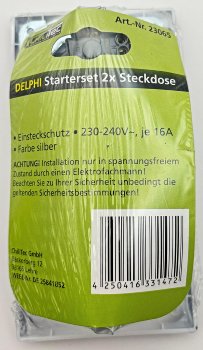 DELPHI Set 2 Steckdosen + 2-fach Rahmen, 250V~/ 16A, Steckanschluss, silber