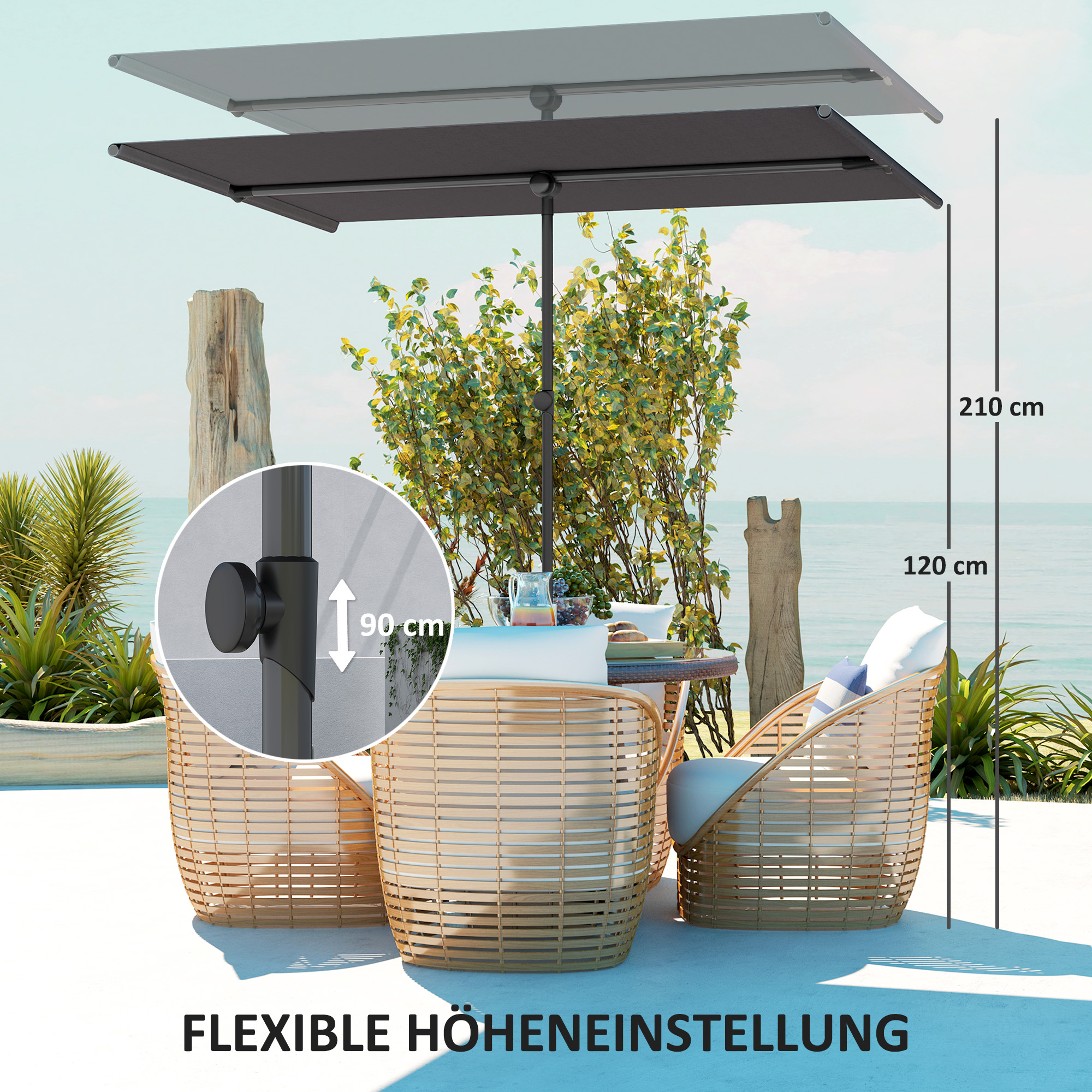 Sonnenschirm 180 Grad drehbar Höhenverstellbar Gartenschirm mit Aluminium-Mast 150x205cm Dunkelgrau