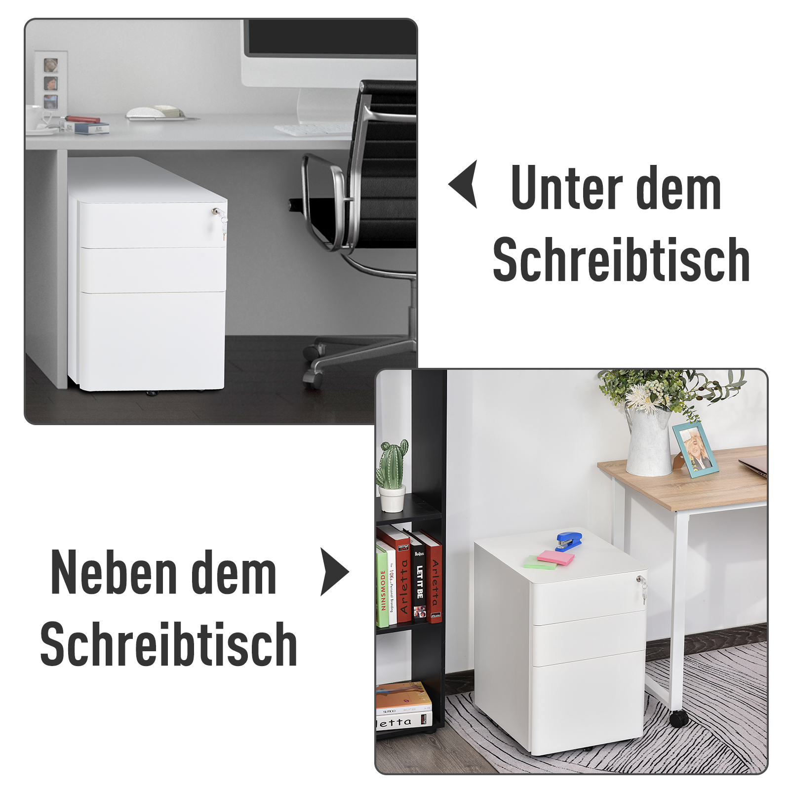 Rollcontainer, mobiler Aktenschrank mit 3 Schubladen, abschließbarer Büroschrank mit Hängeregistratur, Aufbewahrung, Stahl, 39 x 48 x 59 cm Weiß