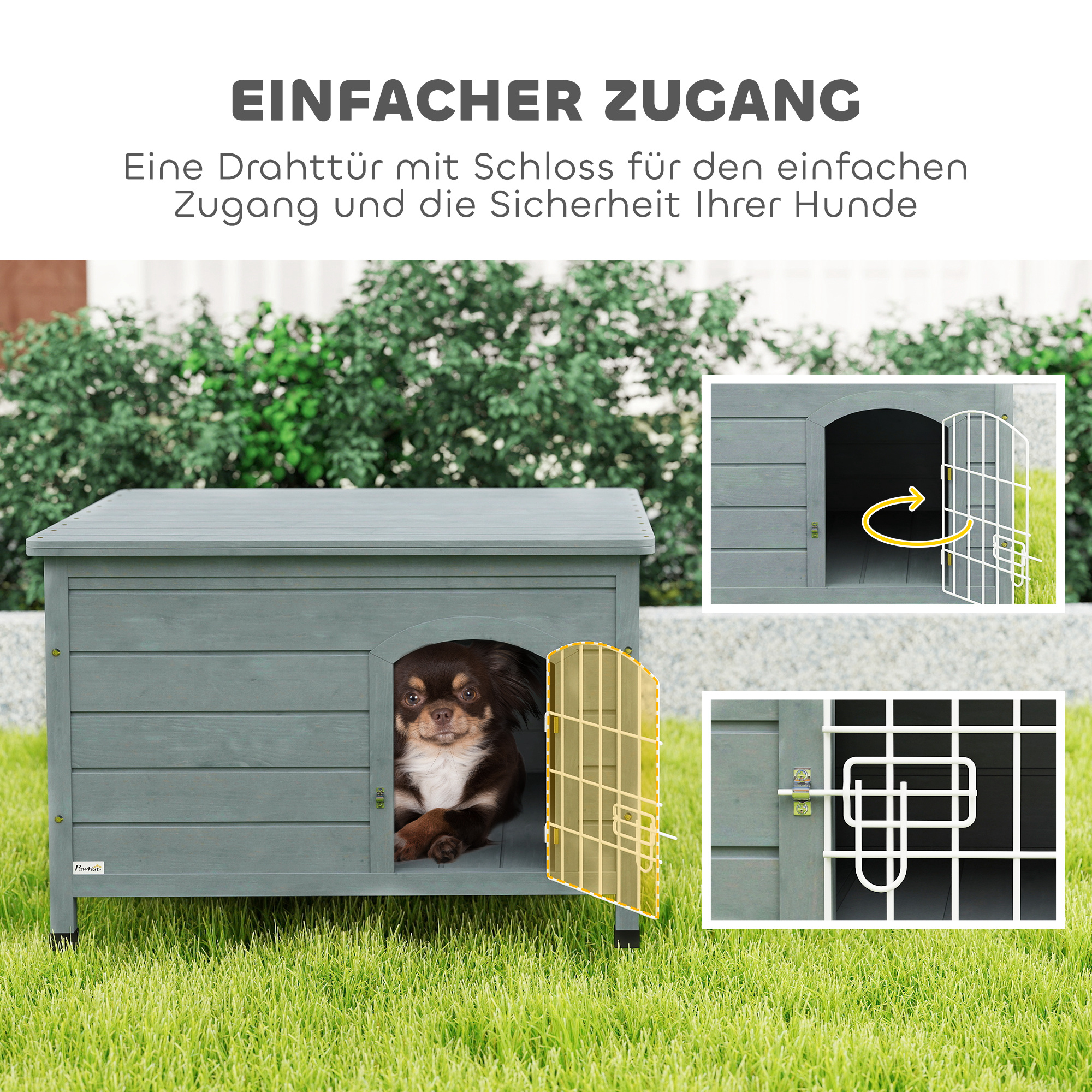 Hundehütte, Hundehaus mit Tür, Hundebox, Haustierhütte, Tannenholz, Dunkelgrau