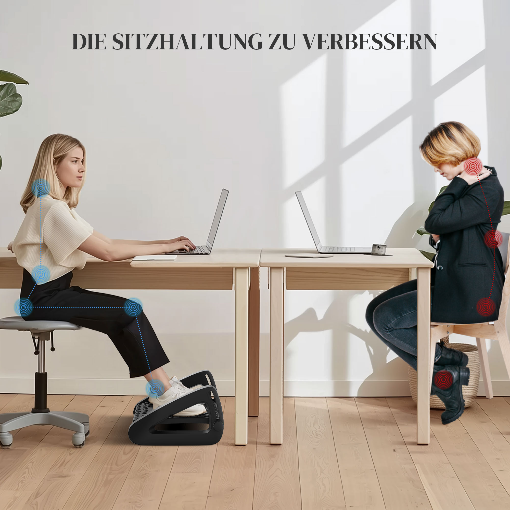 Fußstütze für den Schreibtisch, höhenverstellbarer Fußhocker mit Massage-Oberfläche und Rollen, Kunststoff, Schwarz