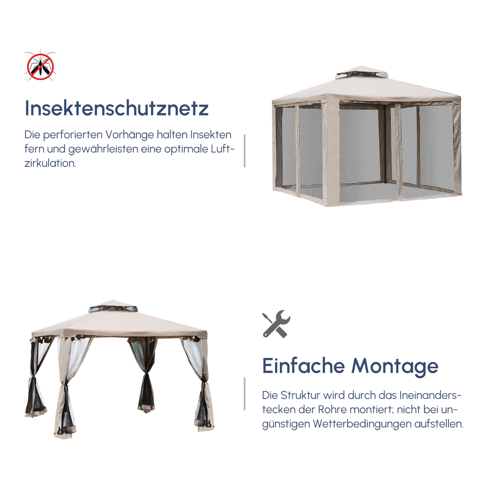 Gartenpavillon Pavillon Gartenzelt Festzelt Partyzelt mit 4 x Seitenwand wetterfest Metall + Polyester Grau 2,94 x 2,94 x 2,65 m