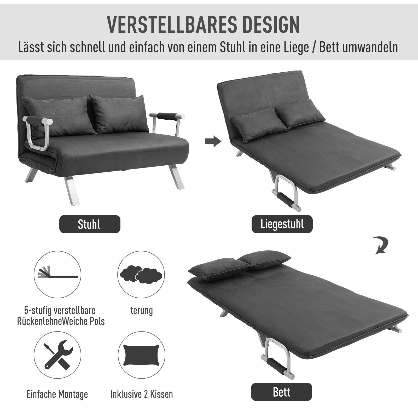 Schlafsofa Schlafcouch mit Verstellbarer Rückenlehne, Wurfkissen, Sofa mit Schlaffunktion, Samtoptik, Armlehne, Gästebett, Klappsessel für Wohnzimmer, Schlafzimmer, Grau