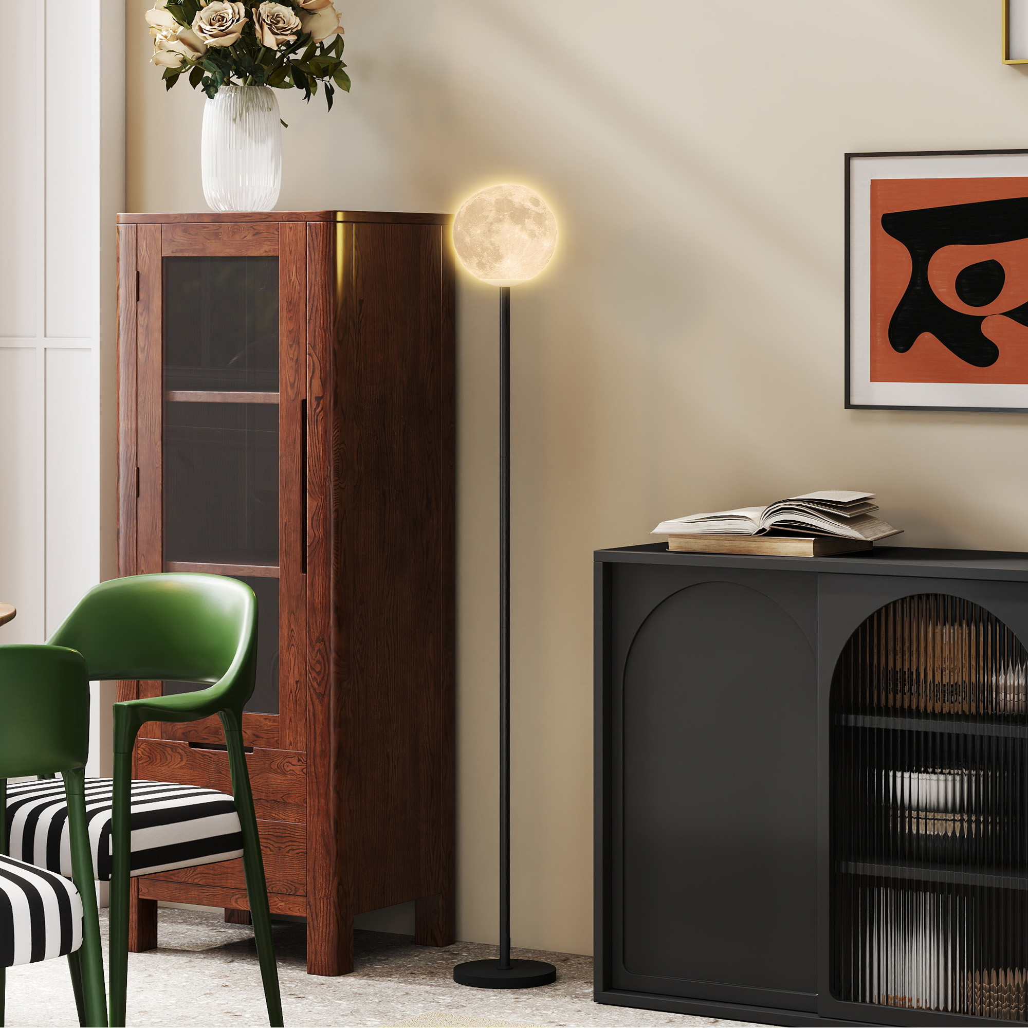 Stehlampe mit Schirm in Mondoptik, Fußschalter, 3 Farbtemperaturen, Metall, Schwarz