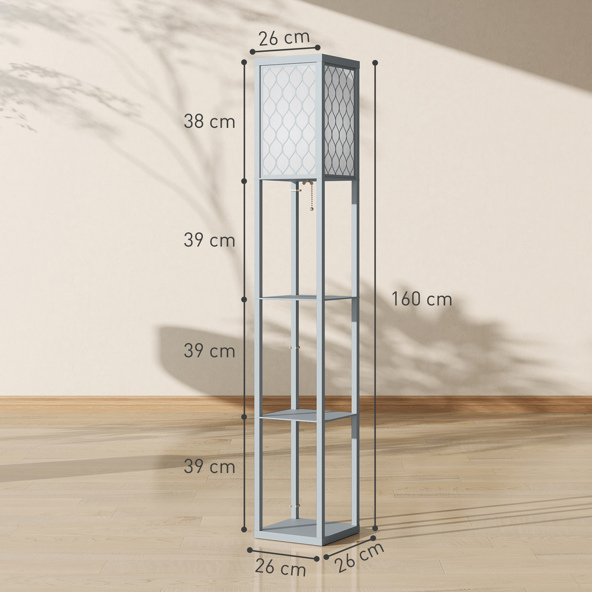 Stehlampe mit Regal, 3 Fächer, kompakte Maße, MDF, Hellgrau