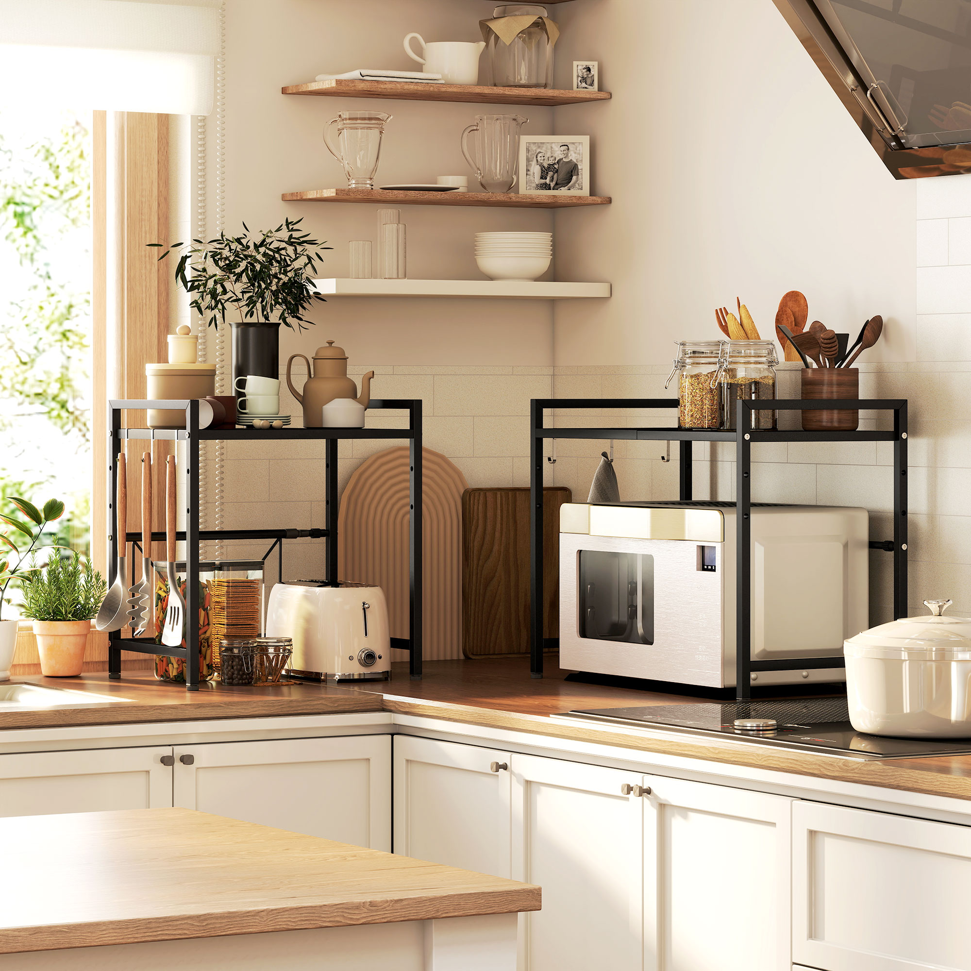 Mikrowellenregal, 3 Haken, ausziehbar, Metall, 40 cm hoch, Schwarz