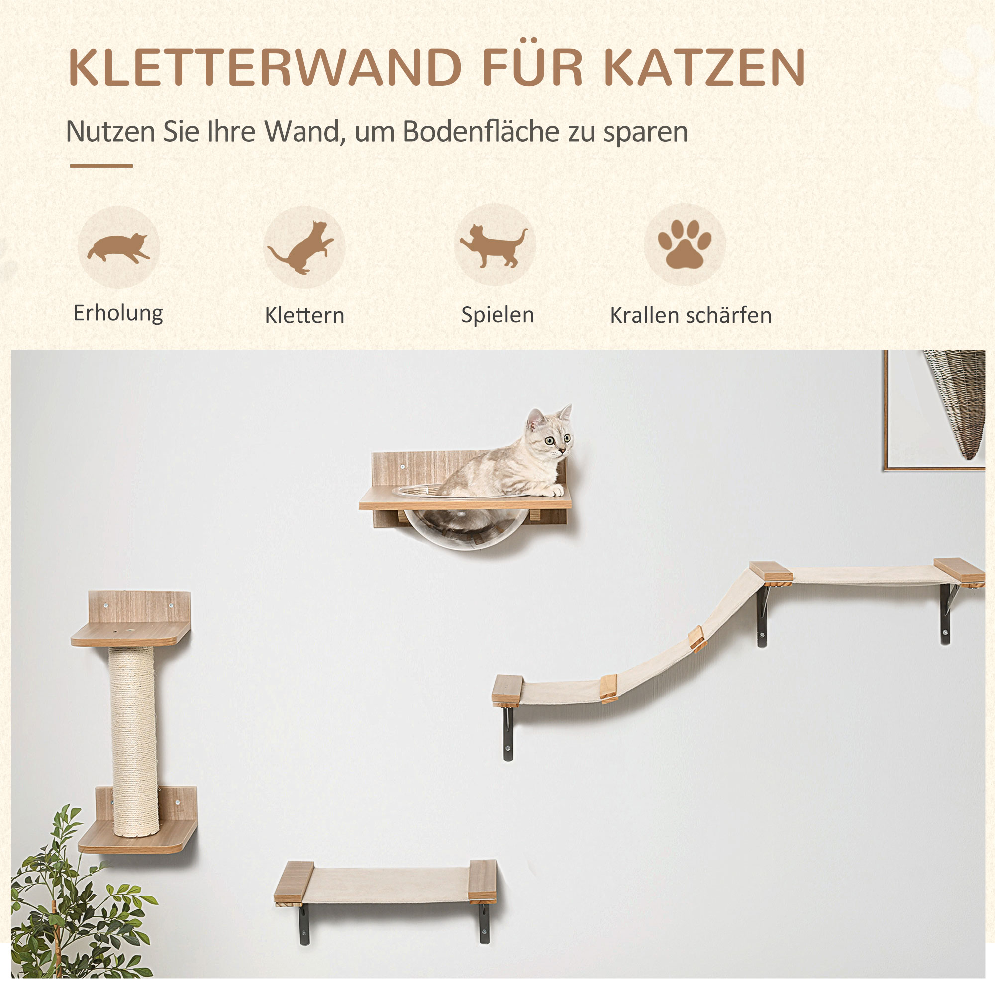 4tlg. Kletterwand für Katzen Katzenkletterwand mit Kratzbaum Katzentreppe Katzenmöbel Hängematte Hellbraun Sisal Acryl Kiefer
