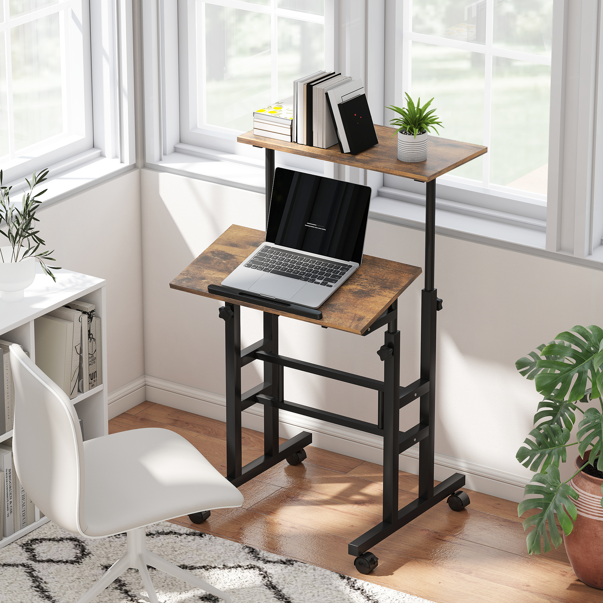 Schreibtisch, höhenverstellbar, Küchentisch mit Regal, Rollen, Computertisch Rustikal Braun 60 x 60 x 70,5-120 cm