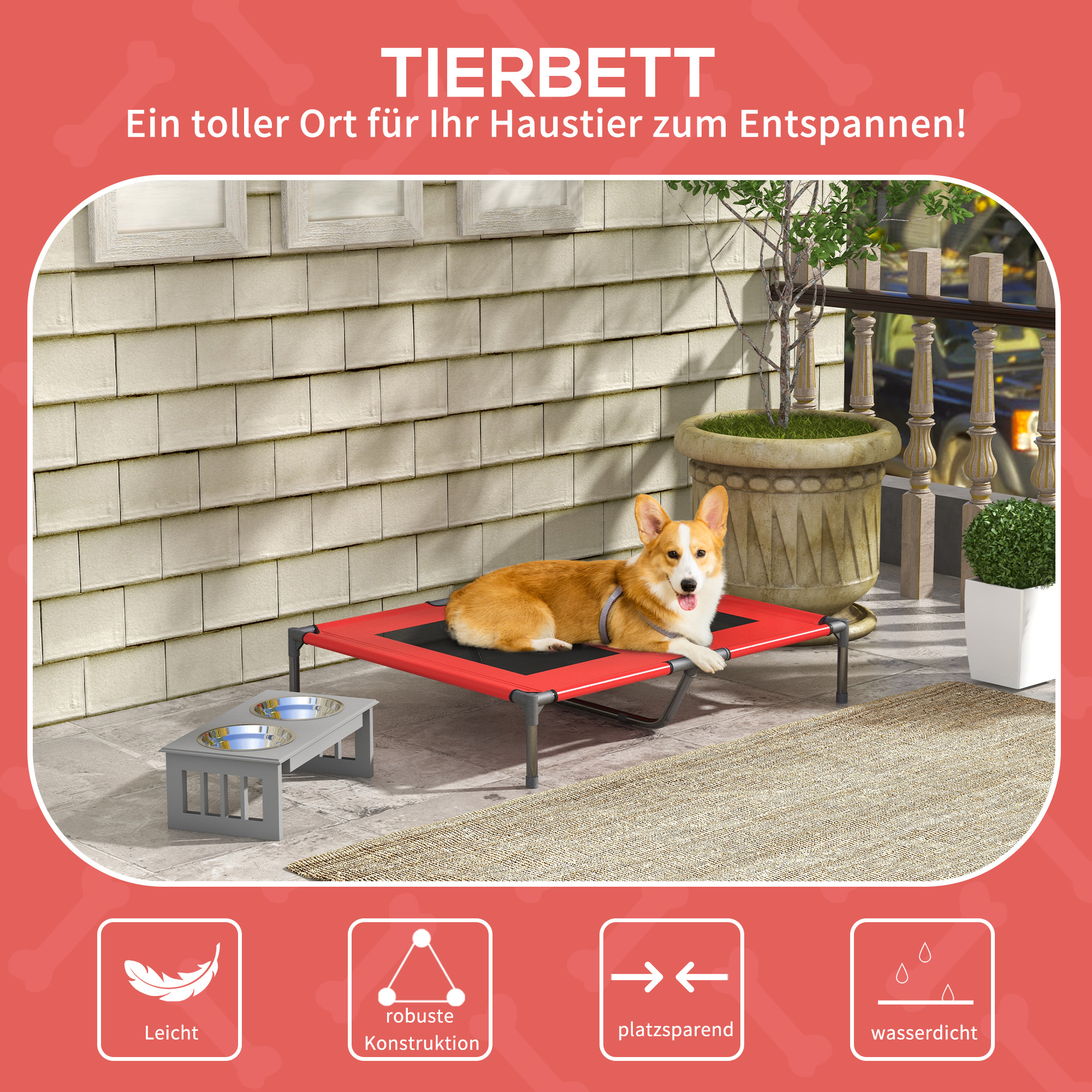 Hundebett, Hundeliege, robust, erhöht & wetterfest, bis 50 kg, 92x76x18cm, Rot