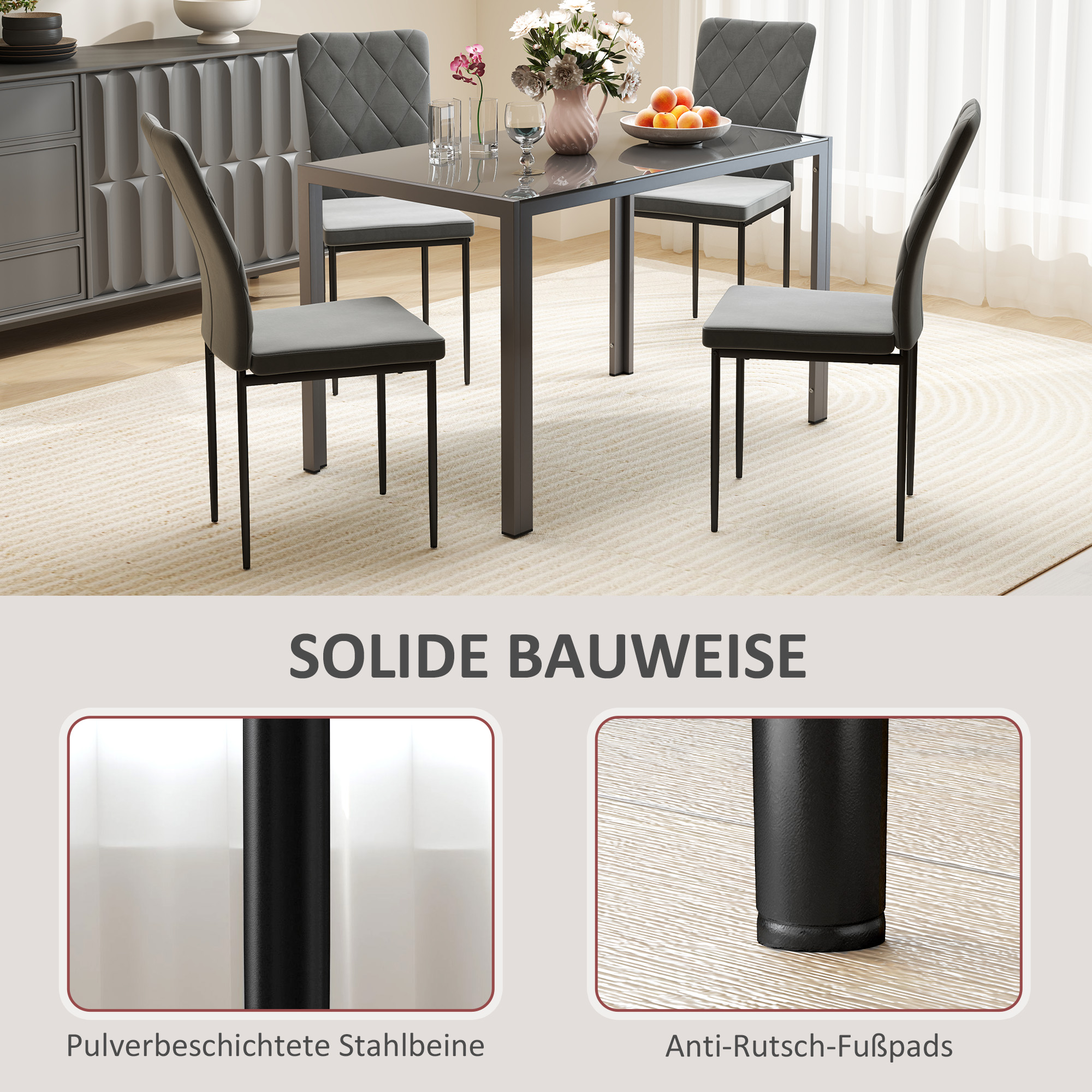 4er-Set Esszimmerstühle in Samtoptik, Moderne Polsterstühle mit Metallbeinen, für Esszimmer, Schlafzimmer, Küche, Grau