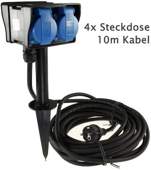 Gartensteckdose mit Erdspieß, 4-fach, IP44, 10m Kabel