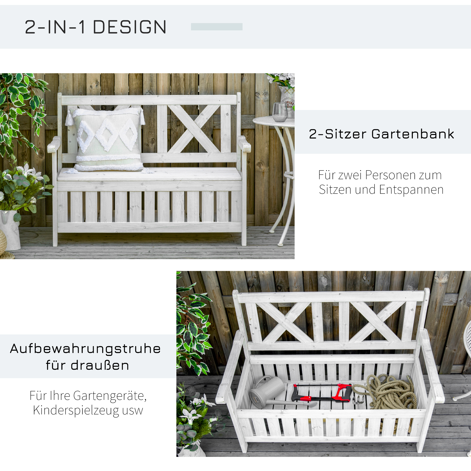 Sitzbank mit Stauraum 2-Sitzer Gartentruhe Truhenbank Kissentruhe Aufbewahrung Weiß 115 x 61 x 85 cm
