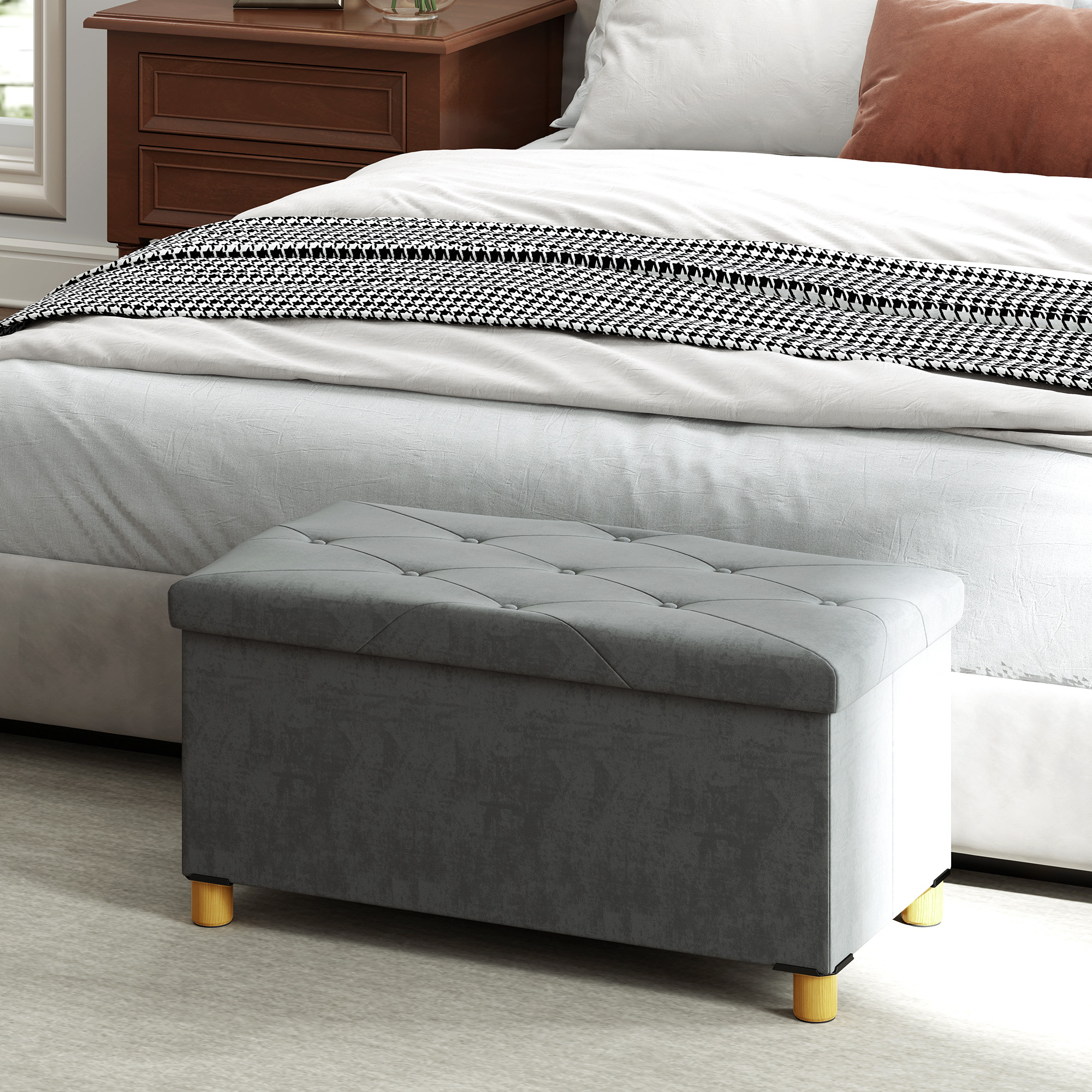 67 Liter Aufbewahrungsbank, mit Stauraum und Deckel, weicher Bezug in Samtoptik, für verschiedene Räume, Grau