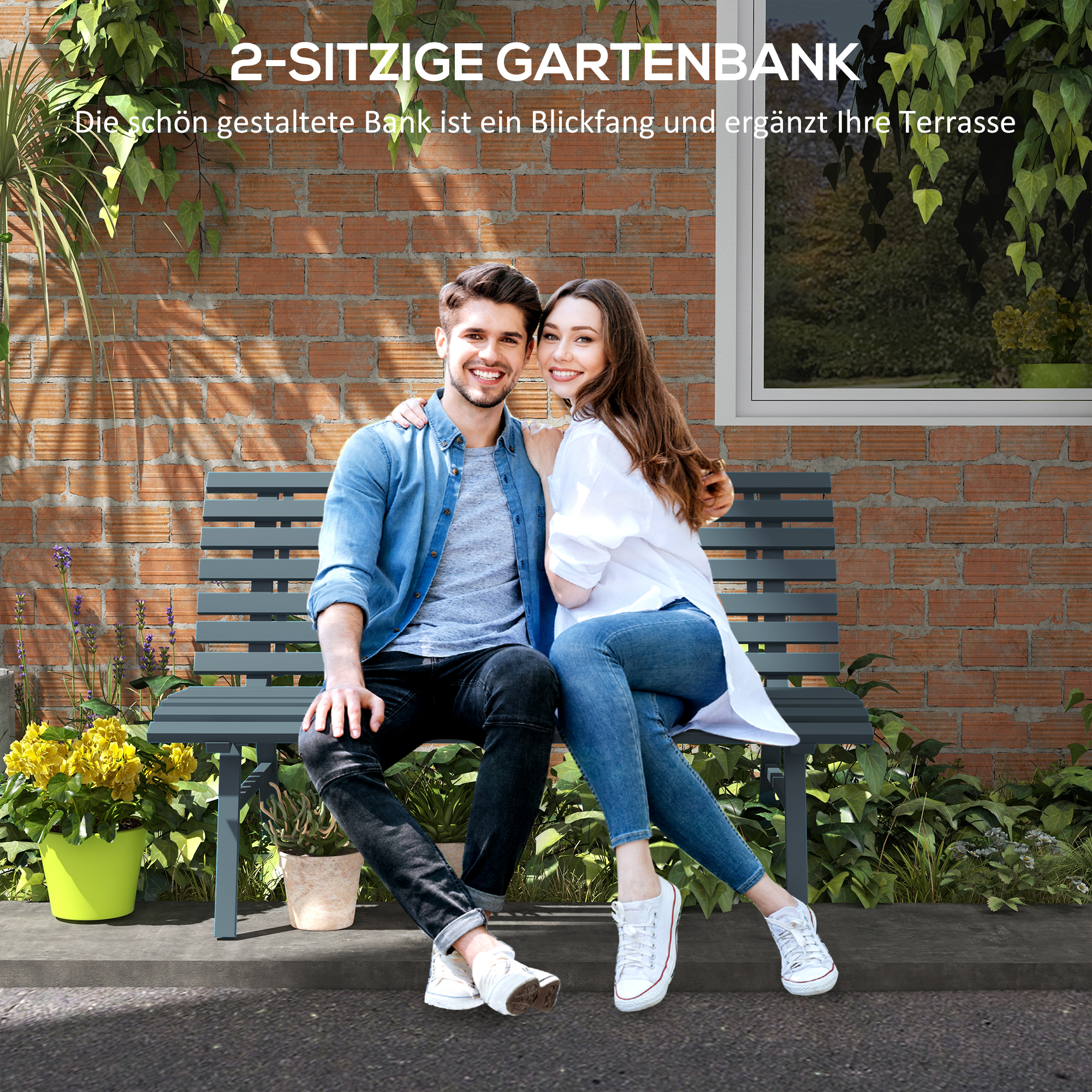 Gartenbank Sitzbank Parkbank, Lattendesign, wetterbeständig, Aluminium, 123 x 67 x 79 cm, Blau