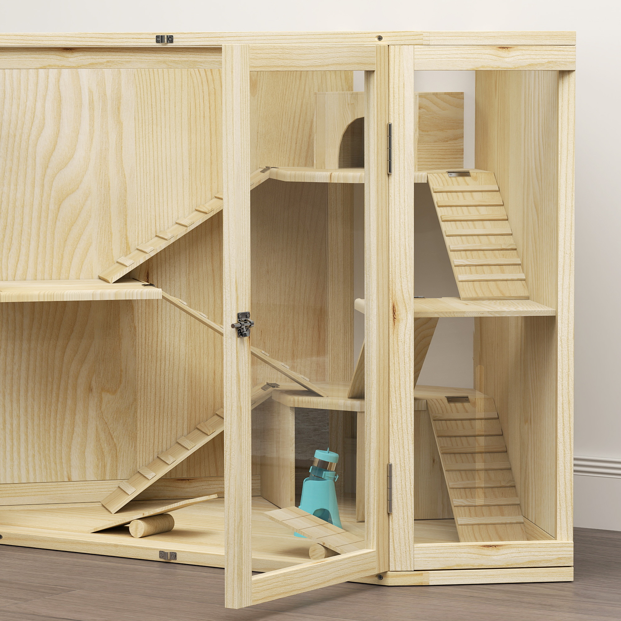 Hamsterkäfig, 4-Ebenen-Design, mit Fütterungsstation, Wippe, Rampe, Hütten, 115 x 69,5 x 79 cm, Holz