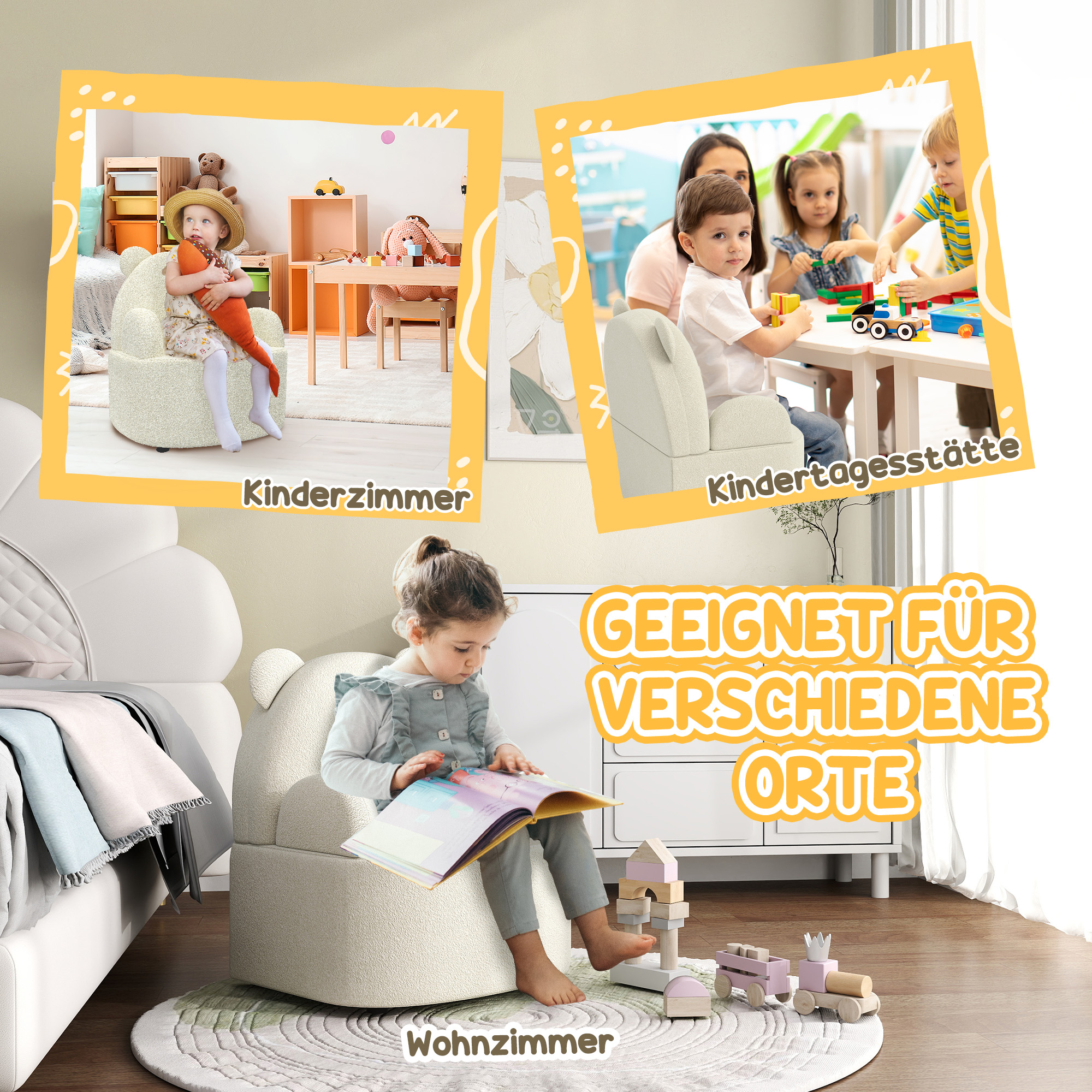 Kindersessel, Bärenform, weicher Teddyfleece, bis 3 Jahre, 52x48x59 cm, Beige