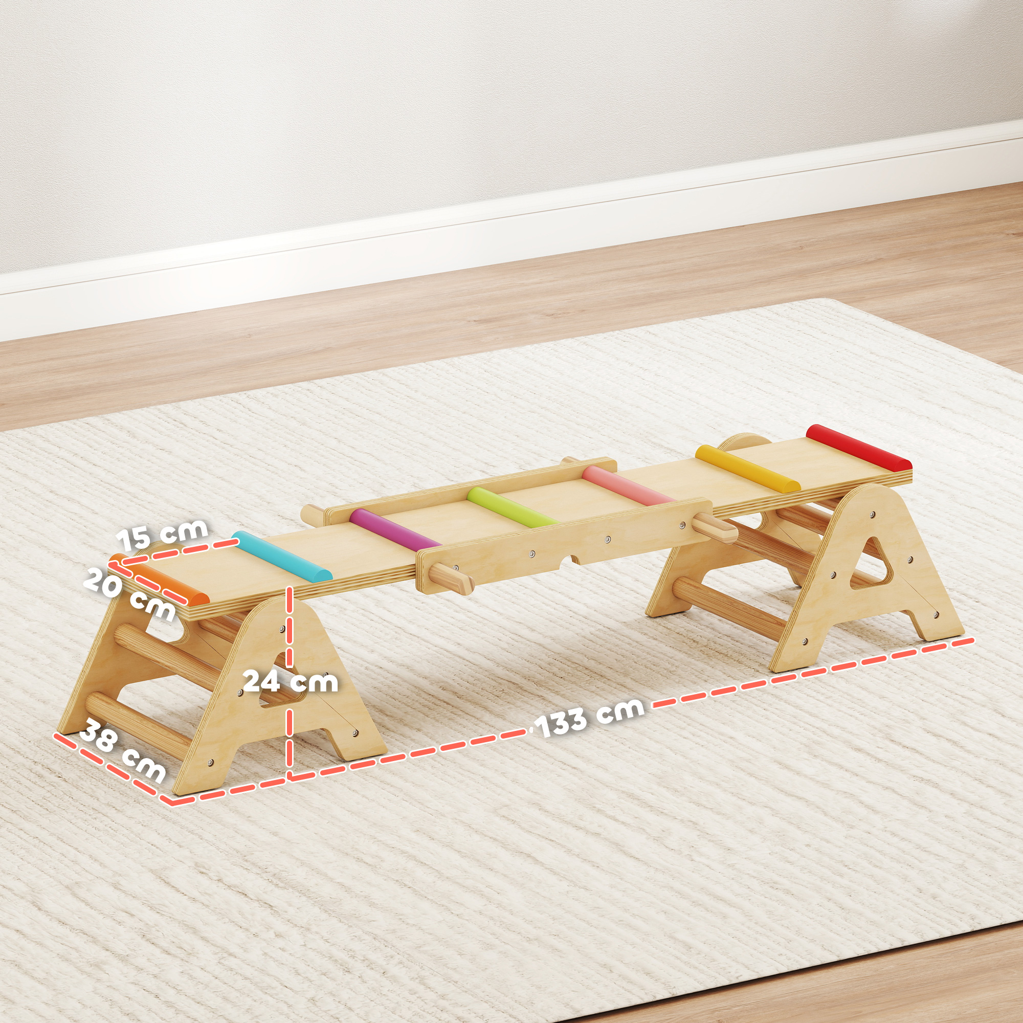 2 In 1 Balance Wippe Kinder, Schwebebalken aus Holz, Wippe Schaukelwippe Garten, Balance Board 133 x 38 x 24 cm