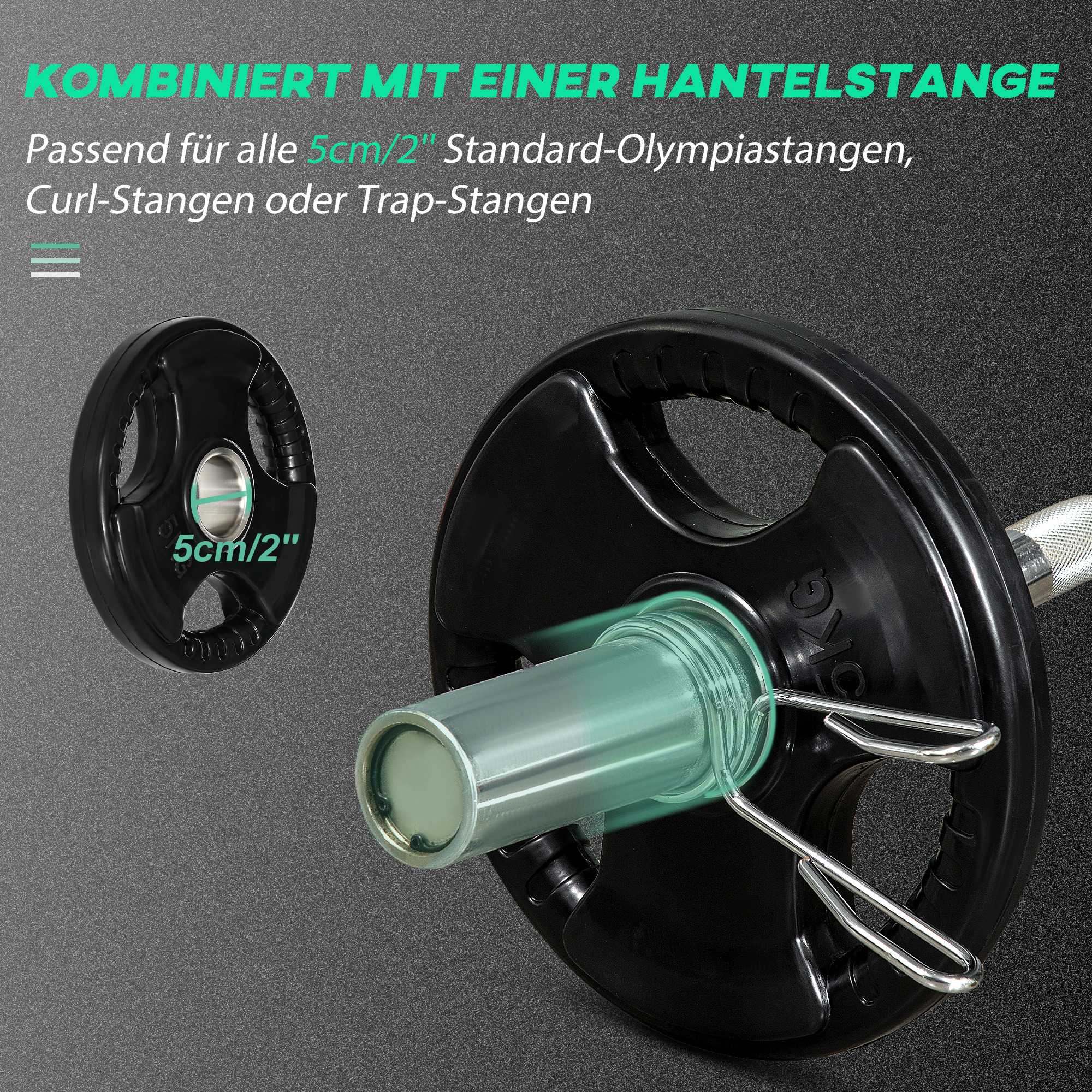 Hantelscheibe, 2er-Set, 5 kg pro Scheibe, drei Griffe, bodenschonender Gummimantel, Metall