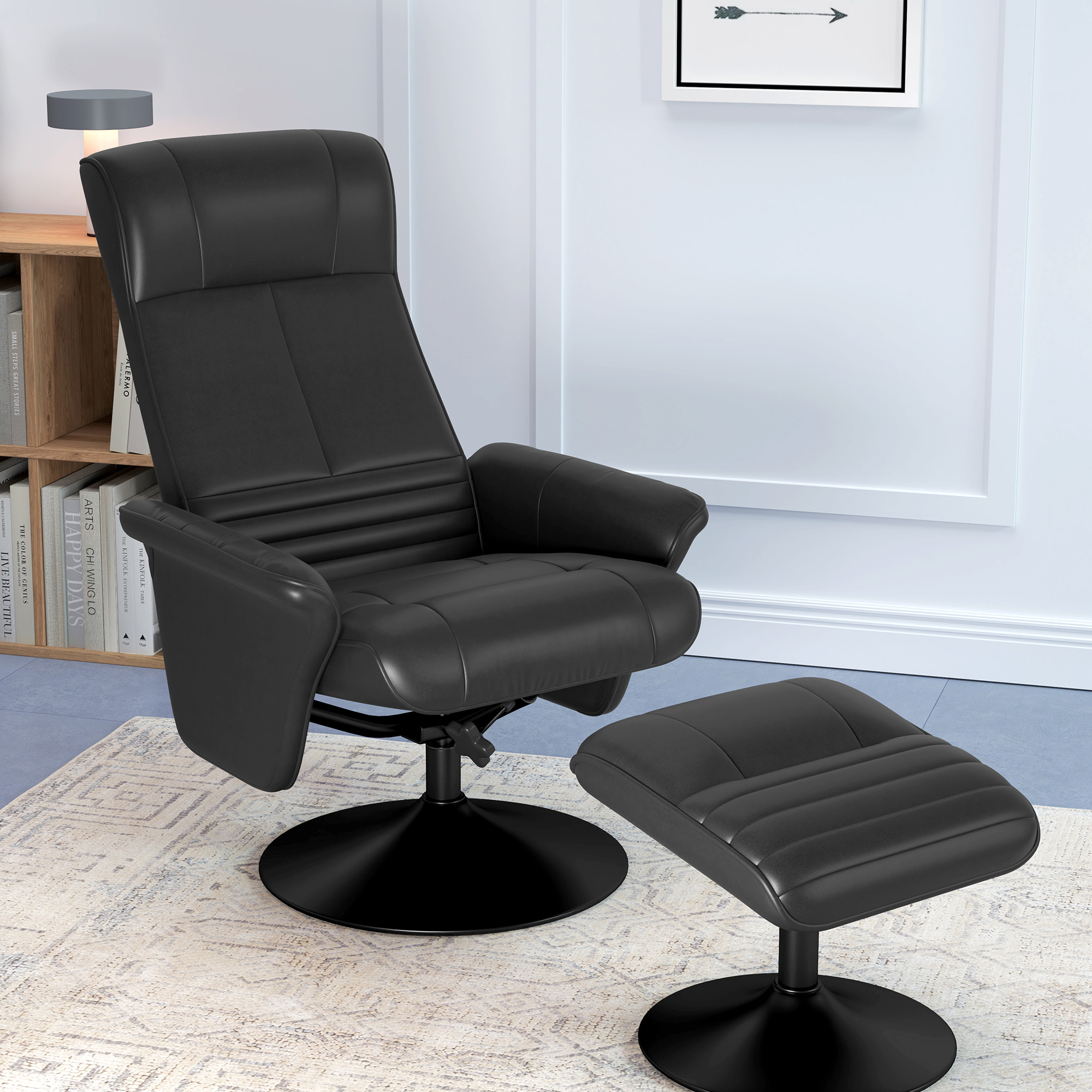 Polstersessel, Akzentsessel mit Hocker, drehbar, ergonomisch, Mikrofasertuchoptik, bis 150 kg, Schwarz