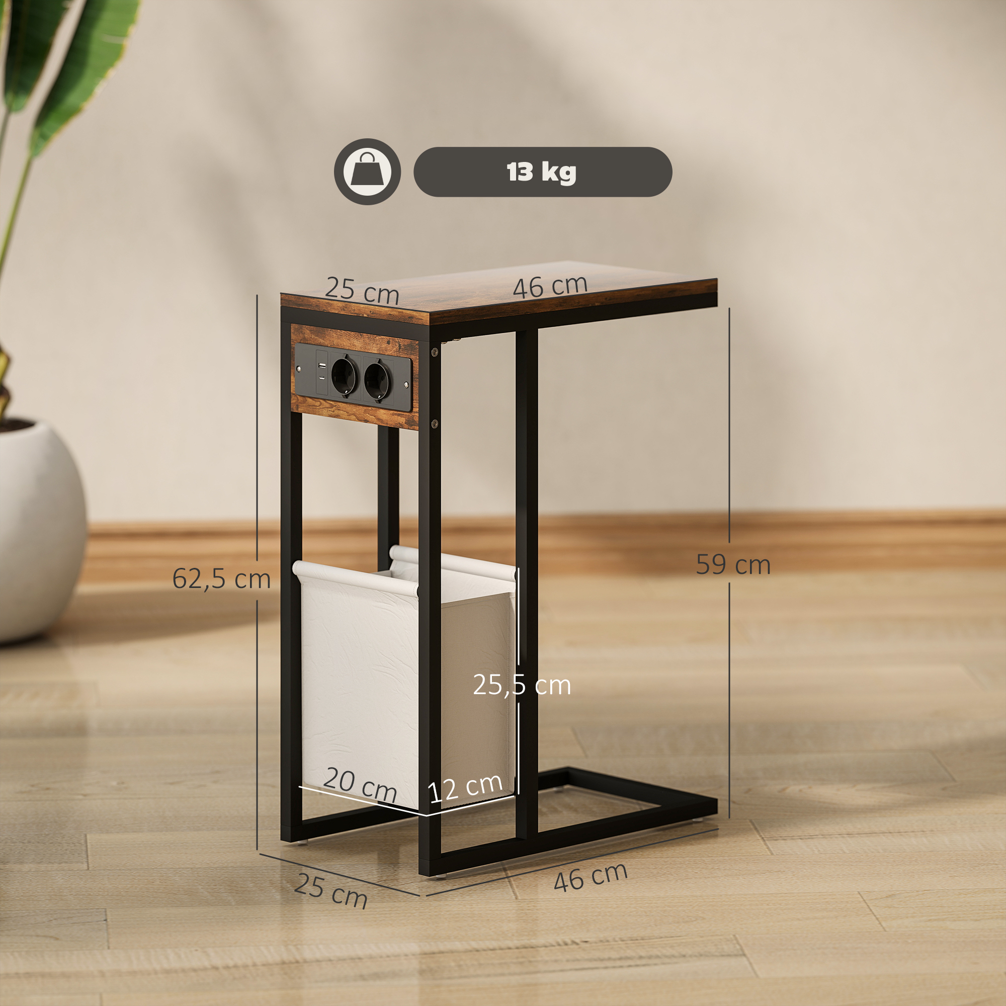 Beistelltisch mit Steckdosen, USB-Anschlüssen, Kabel, C-förmiges Design