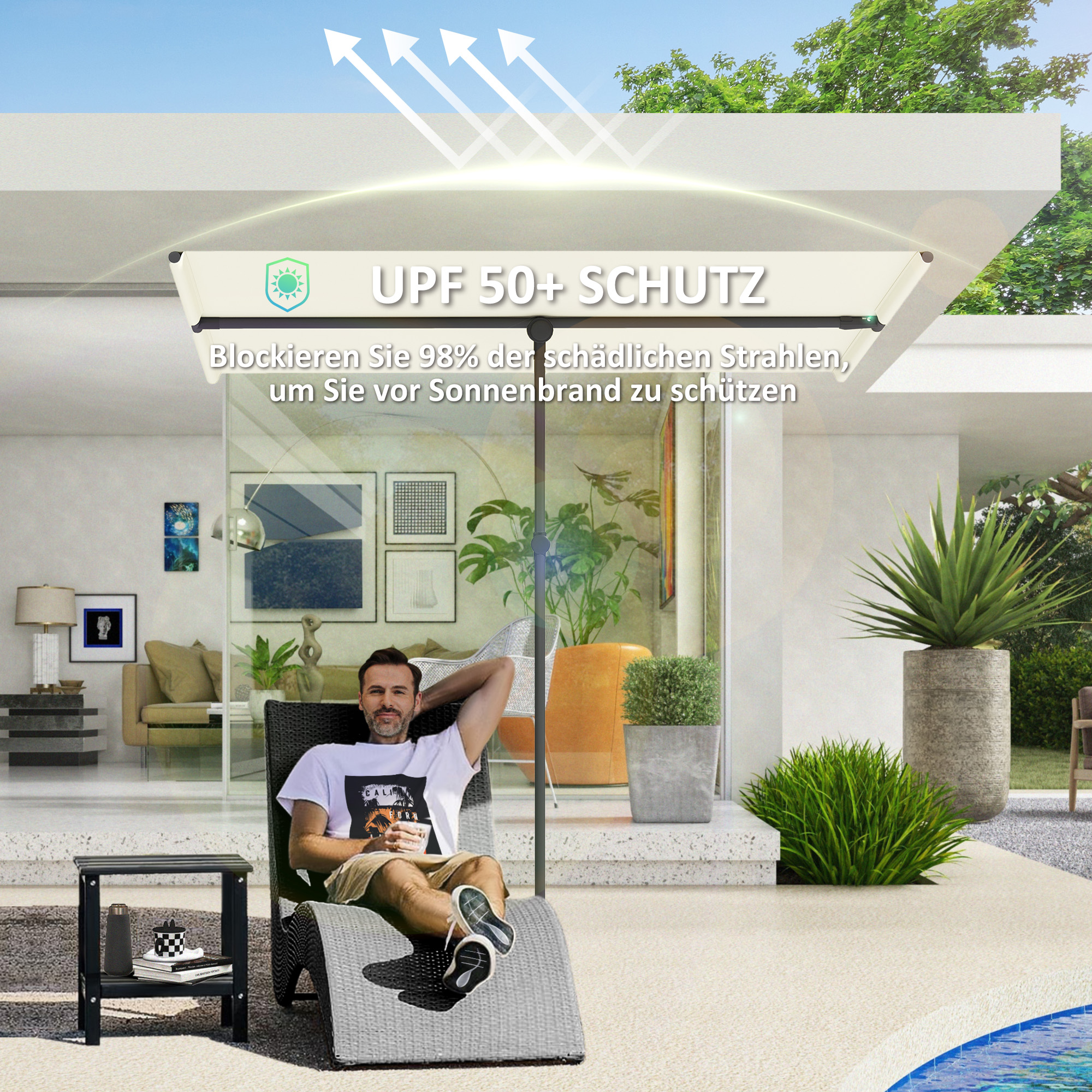 Sonnenschirm 180 Grad drehbar Höhenverstellbar Gartenschirm mit Aluminium-Mast 150x205cm Beige