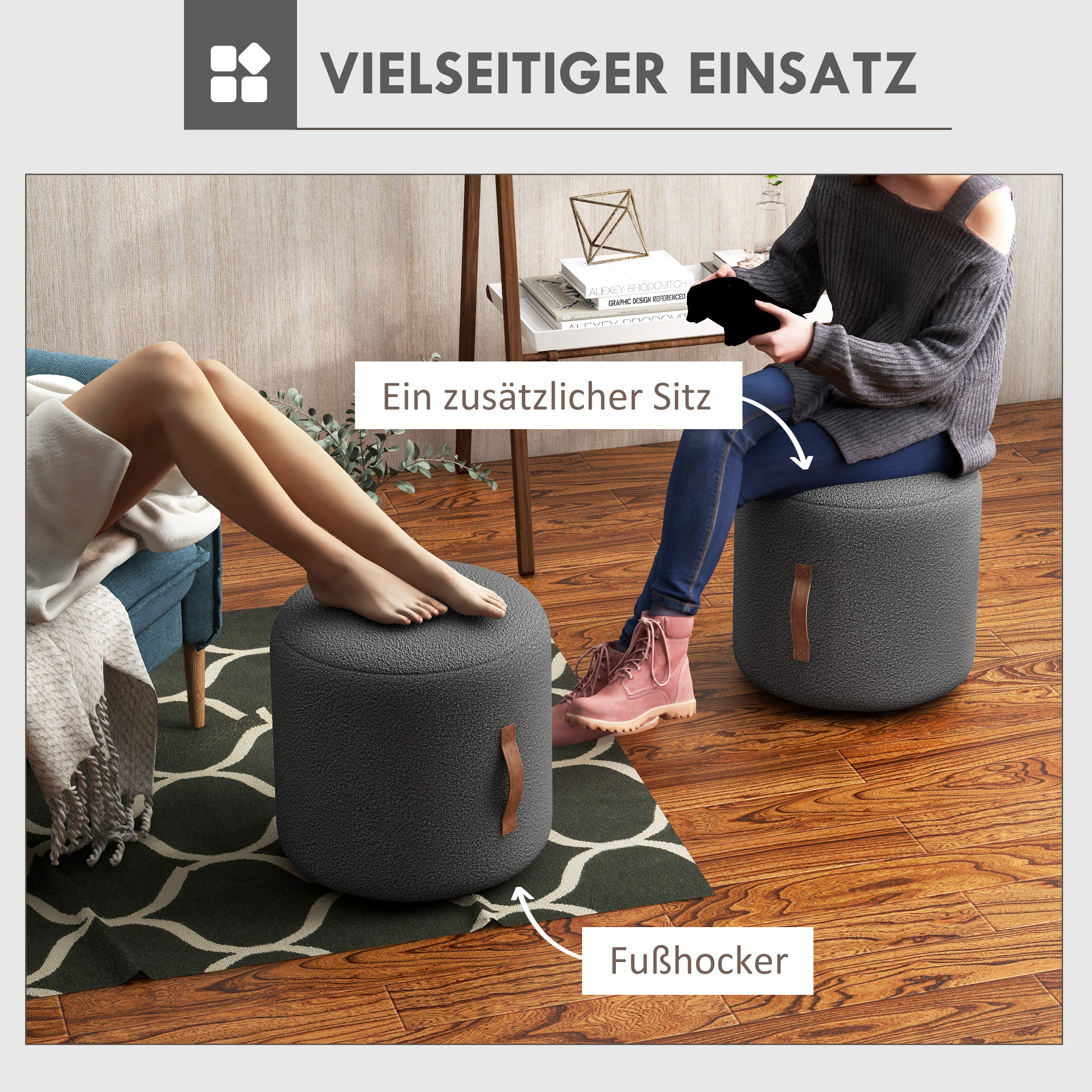 Hocker, Fußhocker in einem modernen Design, Dunkelgrau + Braun