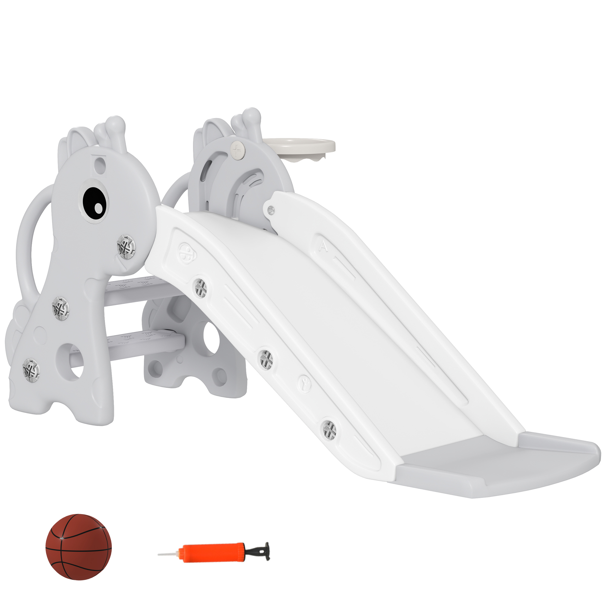 3-in-1 Rutsche für Kinder, Giraffenform, Basketballkorb, Ball, Grau