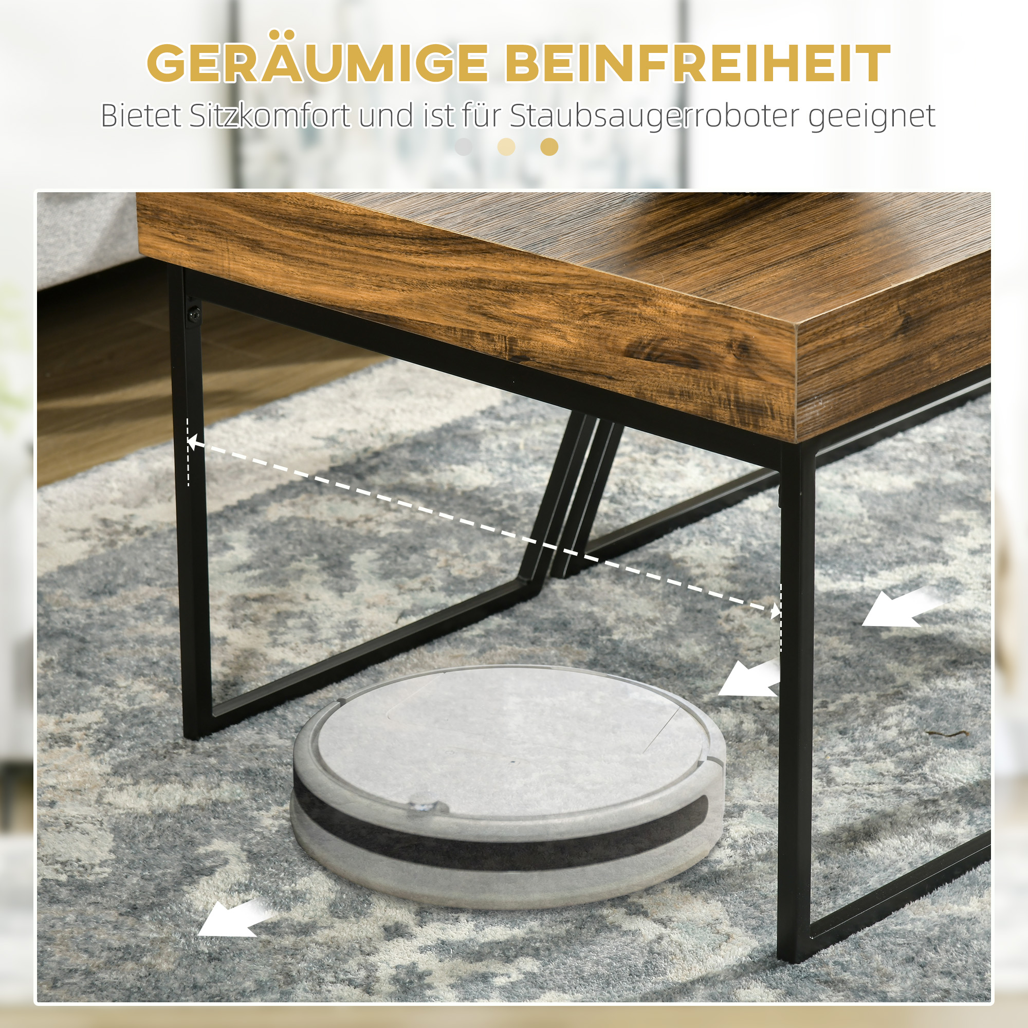 Couchtisch-Set, 2 Beistelltische, Industrial Design, Stahlrahmen, Holz/Schwarz