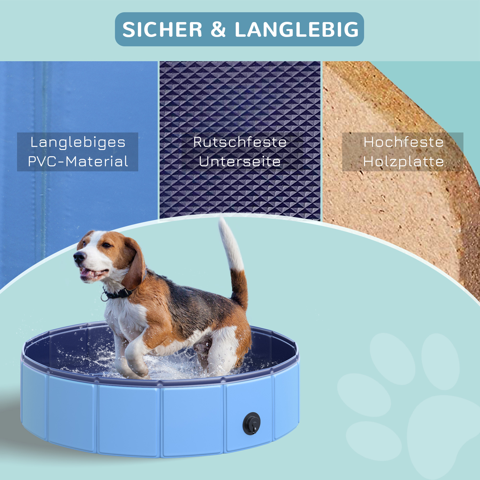 Hundebadewanne faltbar Badewanne Hundepool Plantschbecken Swimmingpool Wasserbecken für Hunde und Katzen Schwimmbecken Kunststoff+Holz Blau Ø80 x H20 cm
