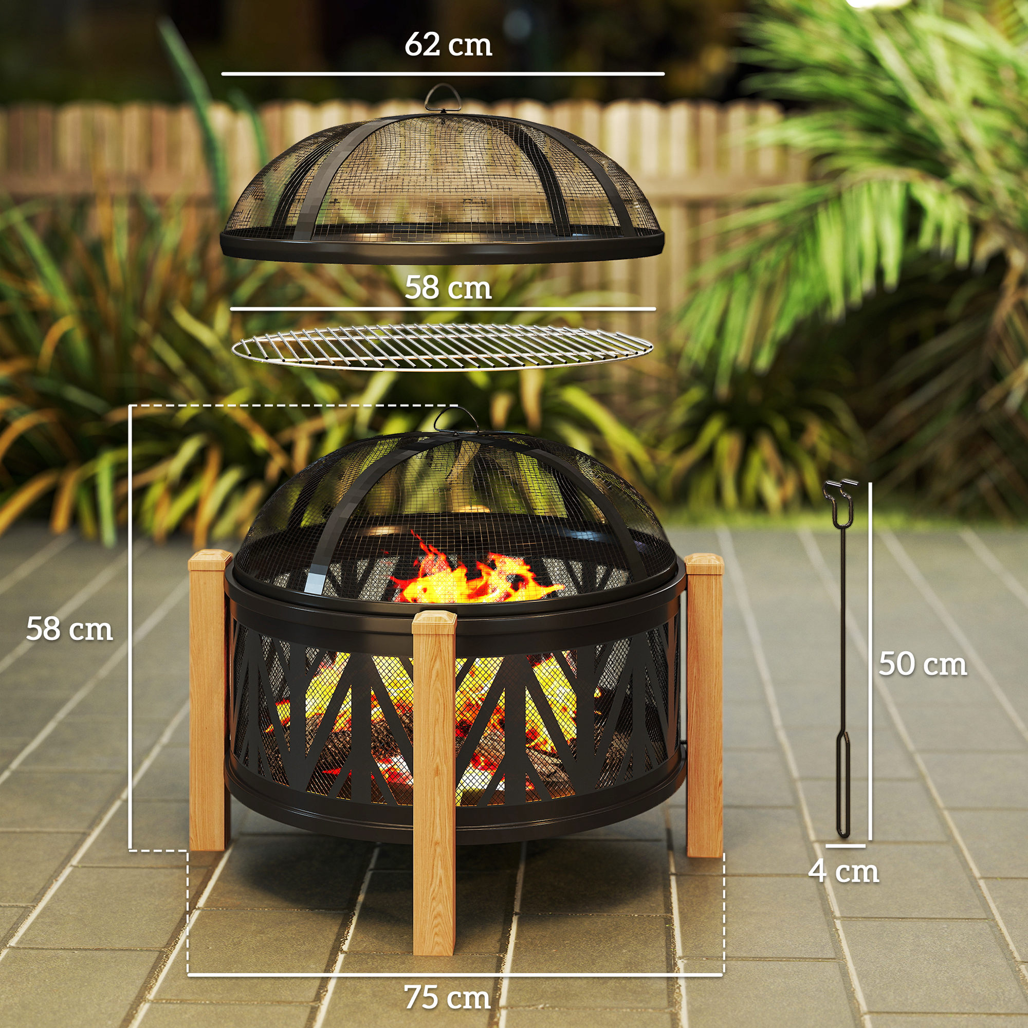 2-in-1 Feuerschale Ø75 x 58 cm Feuerstelle mit Funkenschutz Schürhaken Grillrost Schwarz
