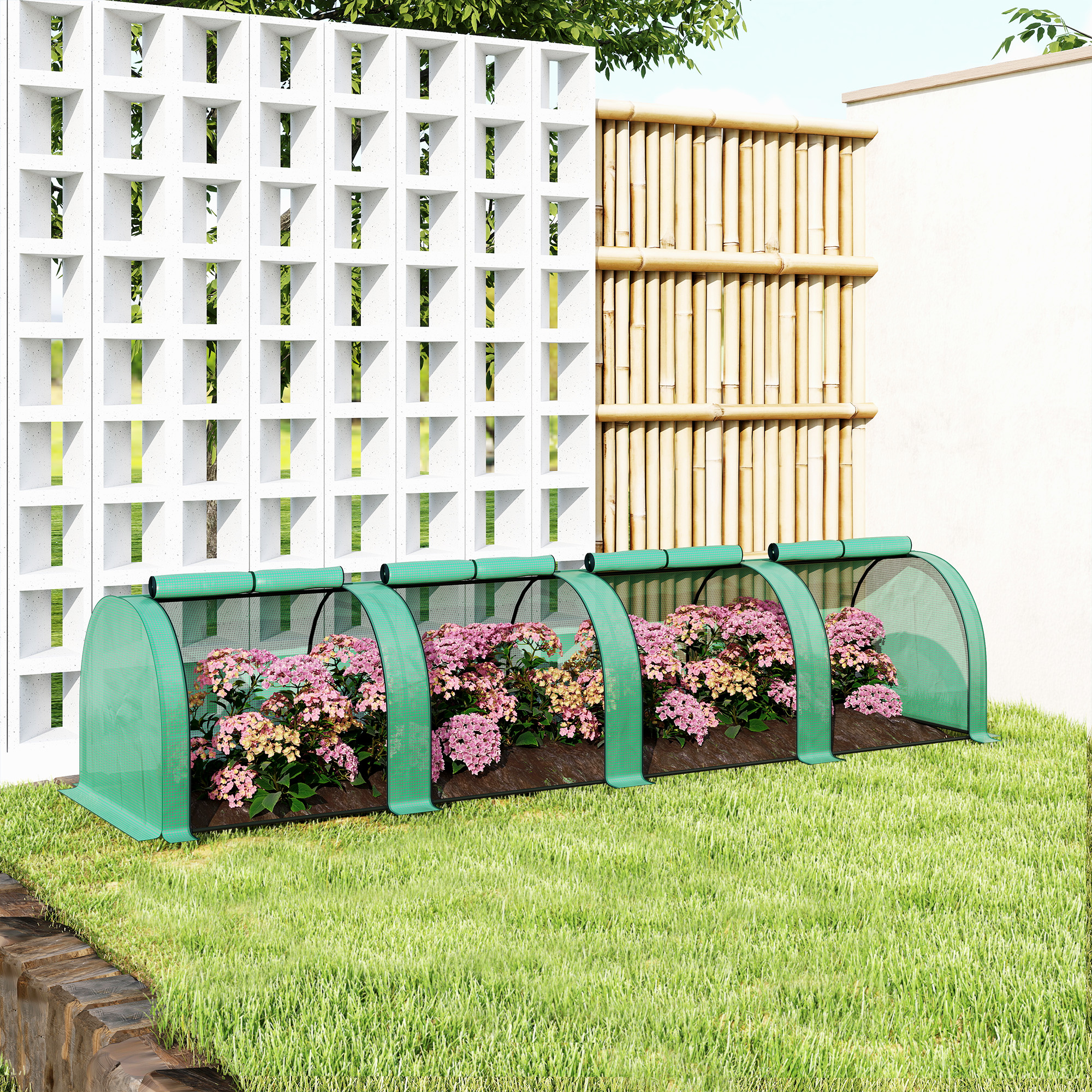 Tunnelgewächshaus, 4 Fenster mit Reißverschluss, Stahlrahmen, robuste Plane, 395 x 100 x 80 cm, Grün