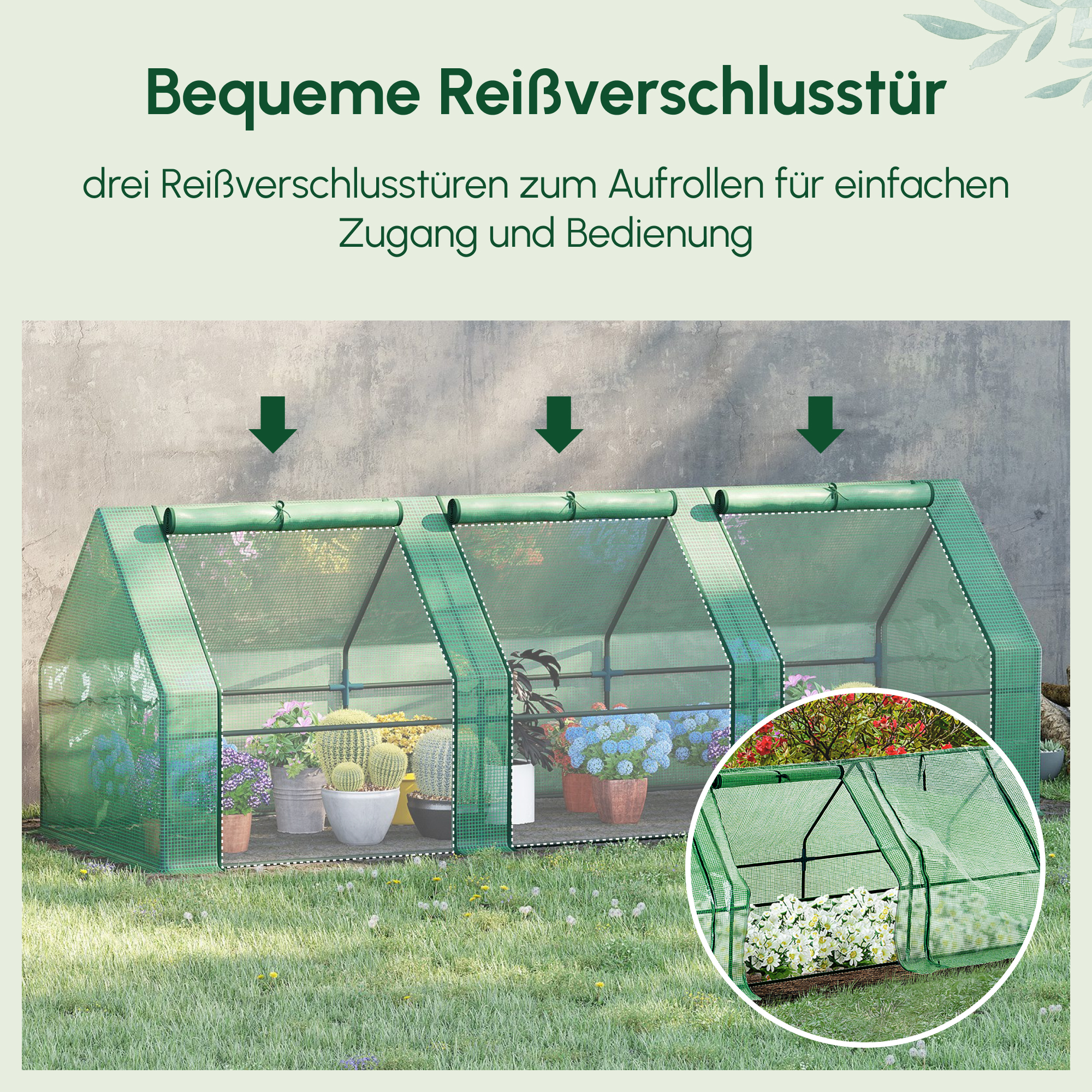 Gewächshaus mit 3 Rollfenster, PE-Gitterfolie, Foliengewächshaus aus Stahl, Treibhaus für Balkon, Garten, Tomatenhaus 270x90x90cm, Tomatengewächshaus für Gemüse, Blumen, Pflanzen, Grün