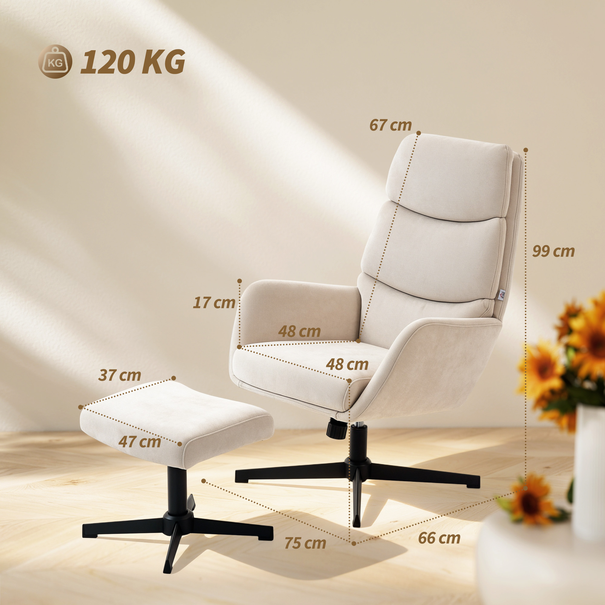 Polstersessel mit Fußhocker, Lounge-Sessel mit hoher Rückenlehne, Metallbasis, für Wohnzimmer, Schlafzimmer, Beige