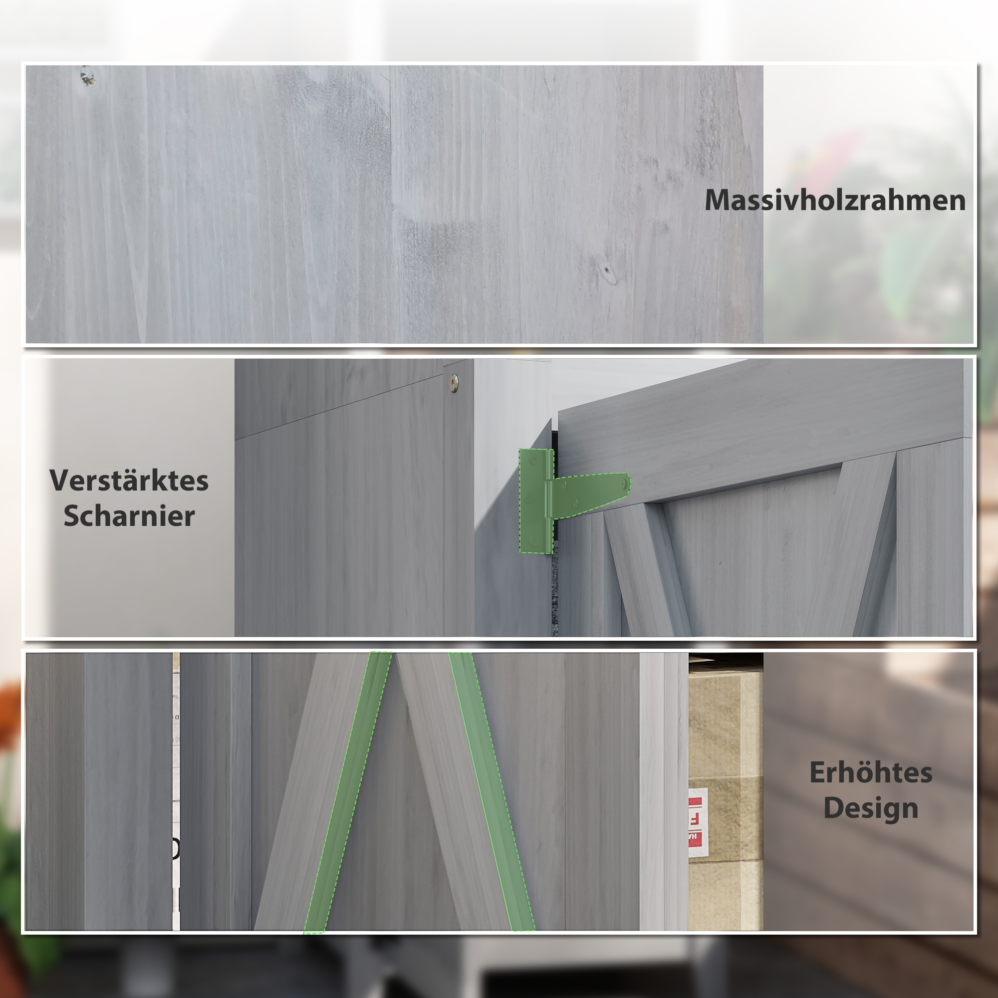 Gartenschuppen mit Scheunentür, verstellbare Regale, schlankes Design, Tannenholz, Hellgrau