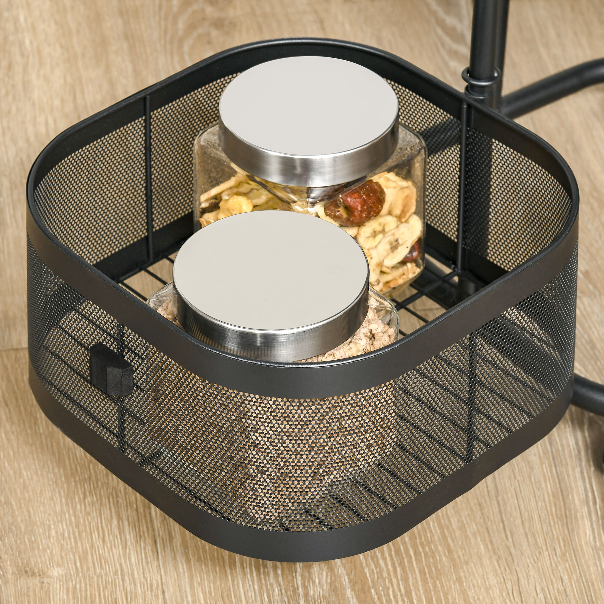 Servierwagen mit 4 Ebenen drehbar Küchenwagen mit Rollen Drahtkorb Rollwagen mit oberen Regal 33x33x77 cm Schwarz