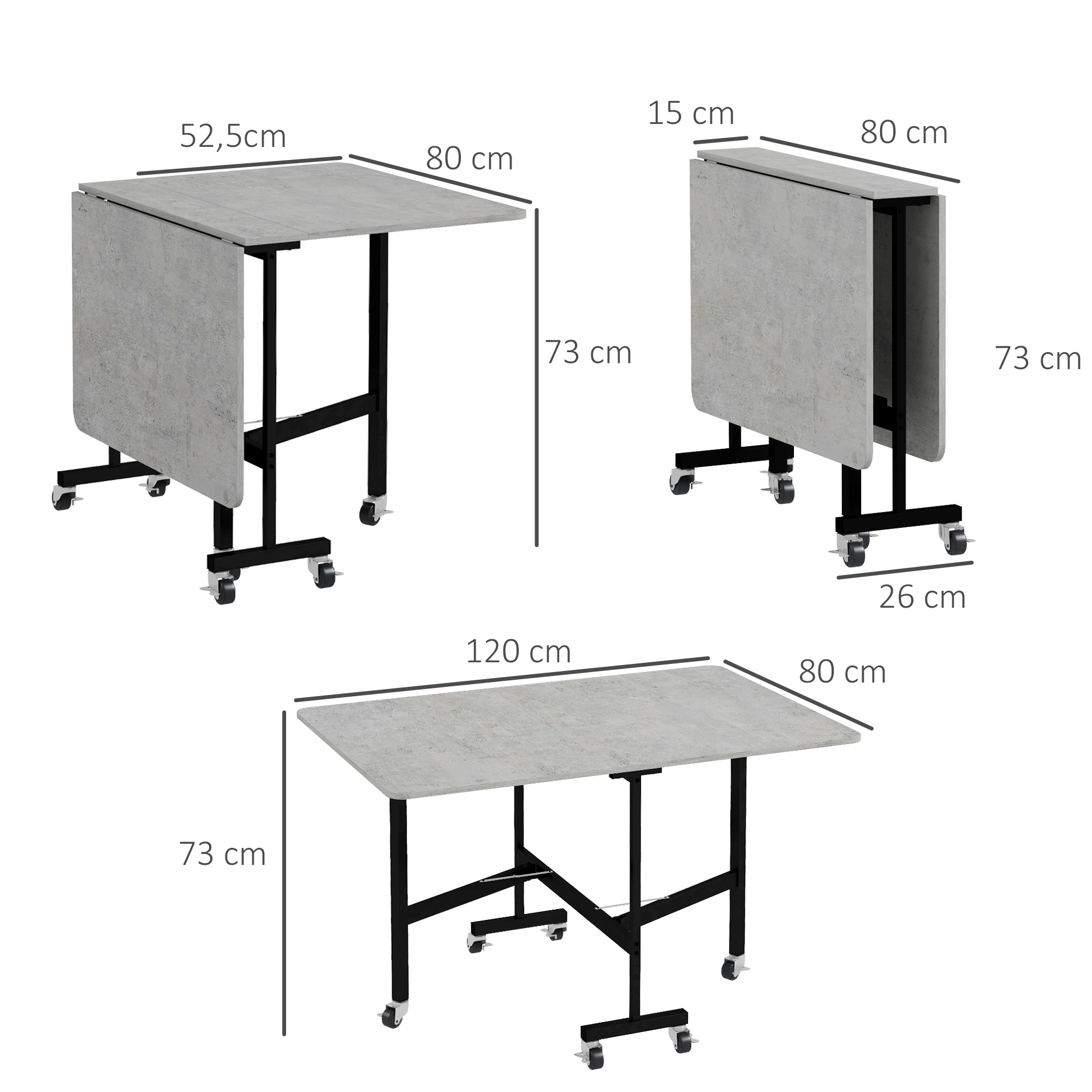 Esstisch für 4-6 Personen, Klapptisch mit Rollen, Stahlgestell, 52,5-120 x 80 x 73 cm, Grau
