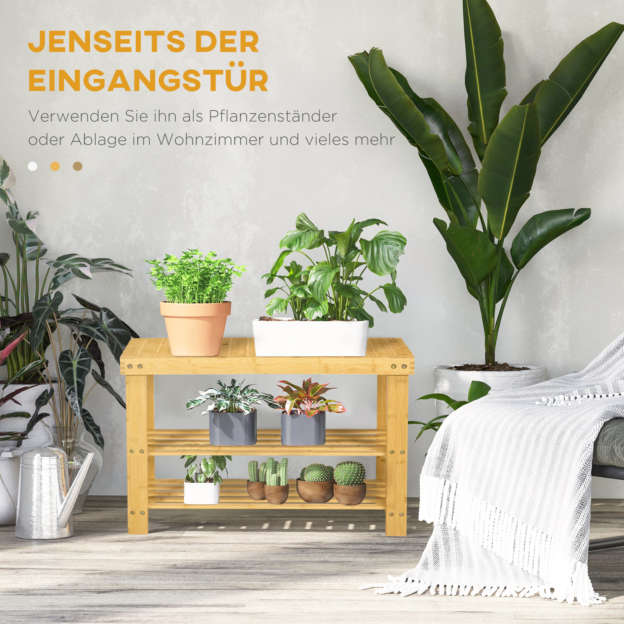 Schuhbank, 3 Etagen, Platz für 6-9 Paar Schuhe, bis 130 kg, Bambus, 70 x 28 x 45cm