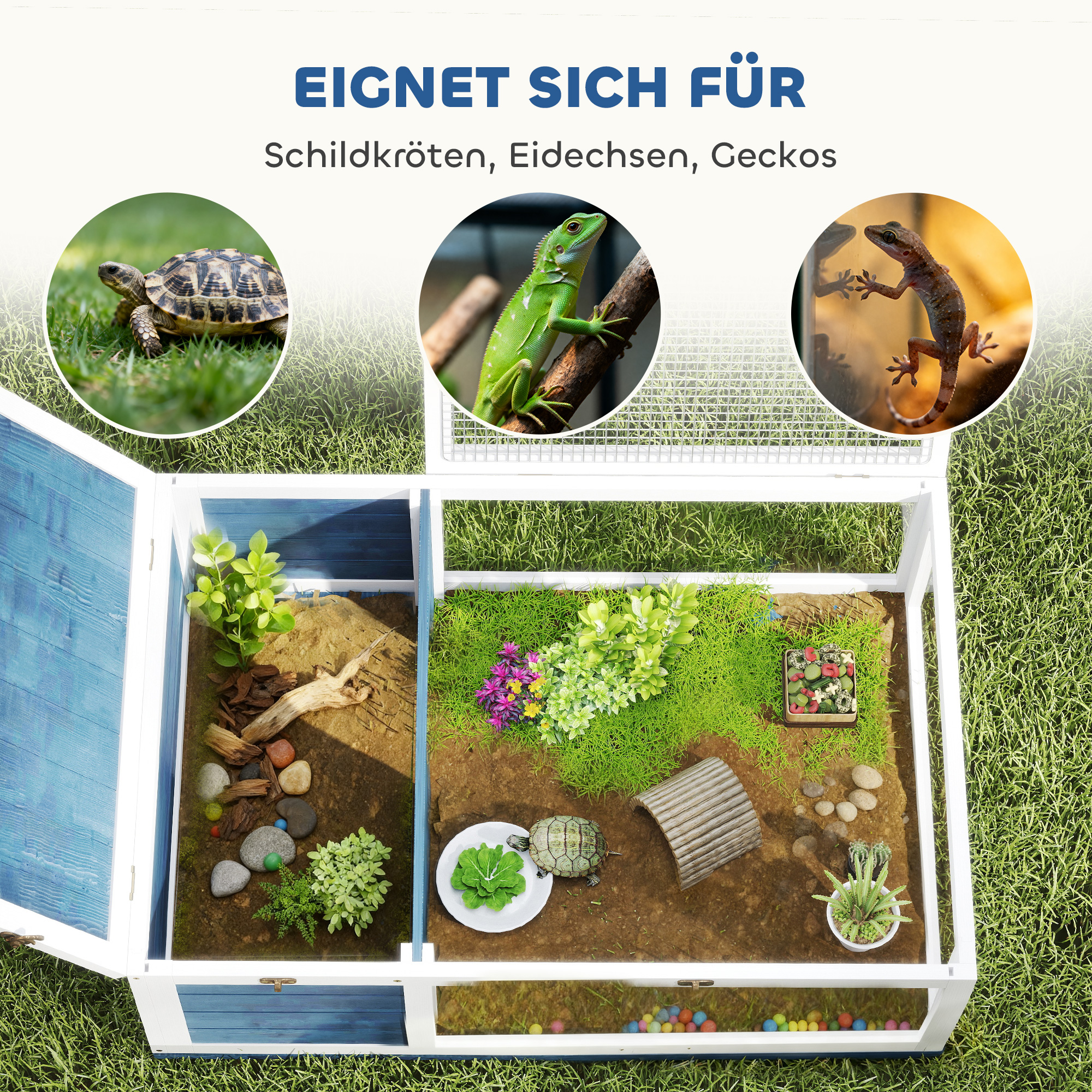 Schildkrötenhaus aus Holz Schildkrötengehege mit Haupthäusern aufklappbarem Oberseite 91x60,5x32 cm, Blau