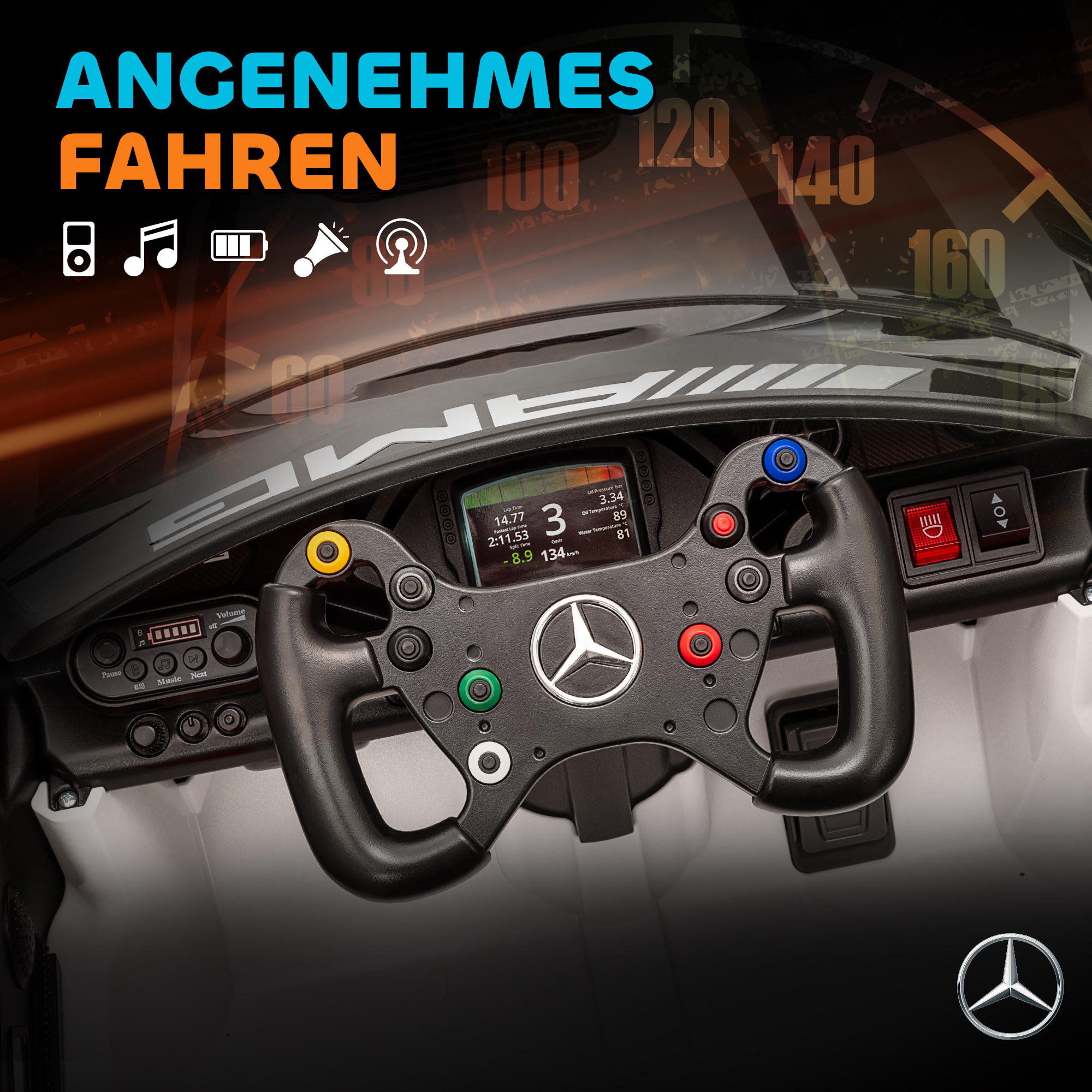 Mercedes-Elektroauto, Aufsitzauto für Kinder, 12V Batterie, LED-Lichter, Musikfunktion, Hupe, 3-8 Jahre, Weiß