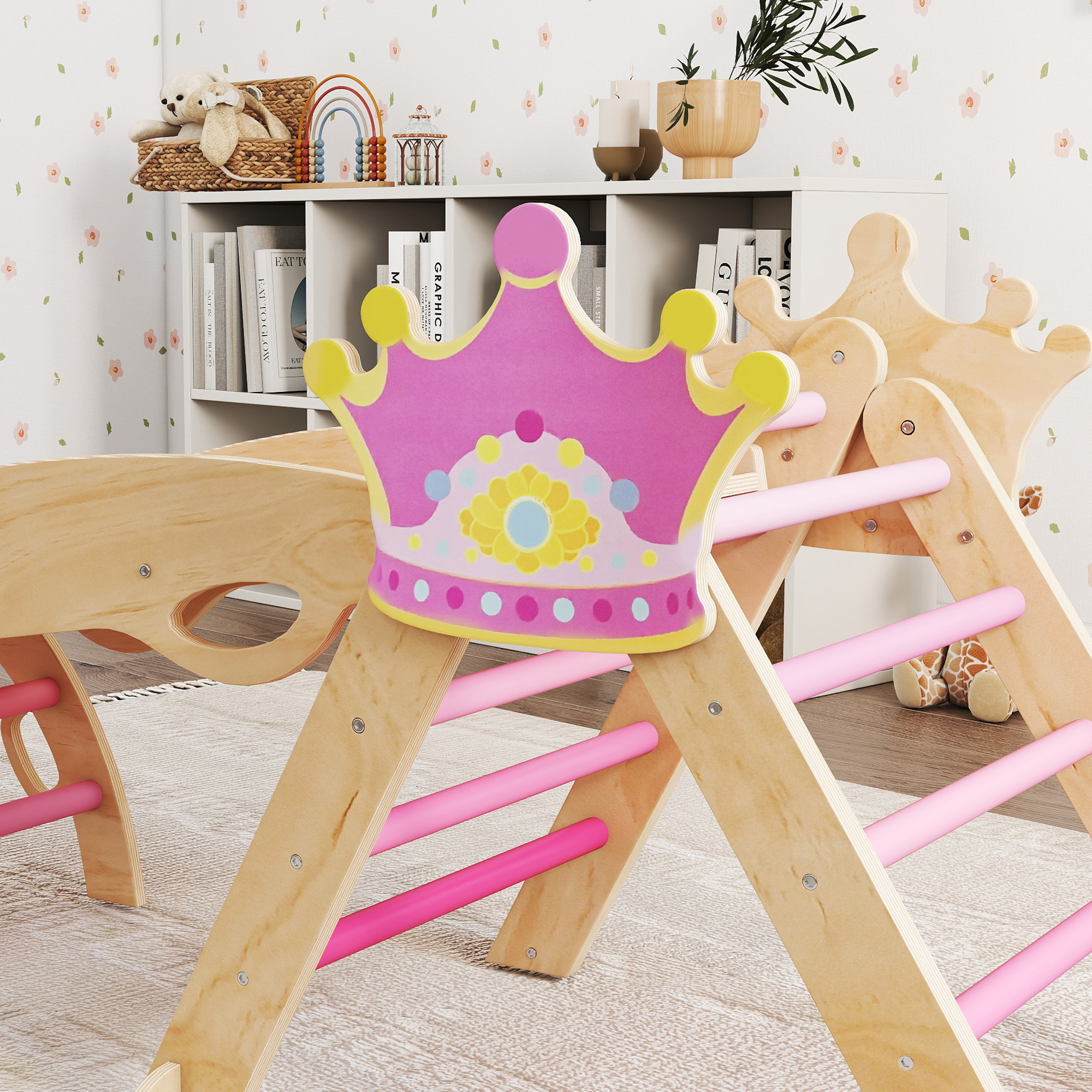8-in-1 Indoor-Klettergerüst für Kinder, Prinzessinnen-Design, Rutsche, Rampe, Bogen, Holz