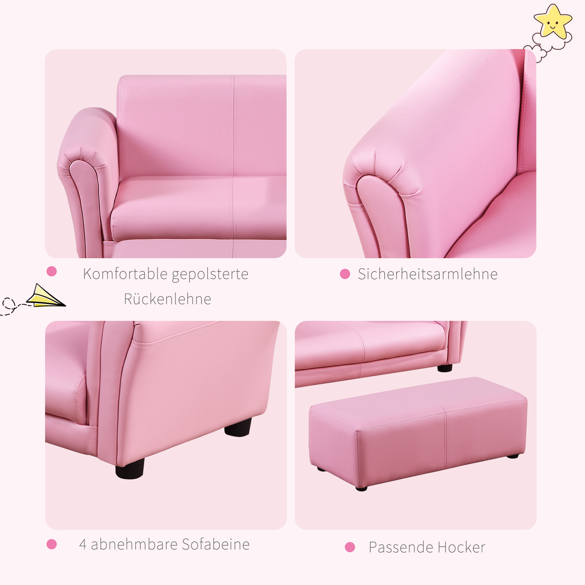 Kindersessel mit Fußhocker, Kindercouch mit Hocker, Kindersofa, Sofa Sessel, Rosa 83 x 42 x 41 cm