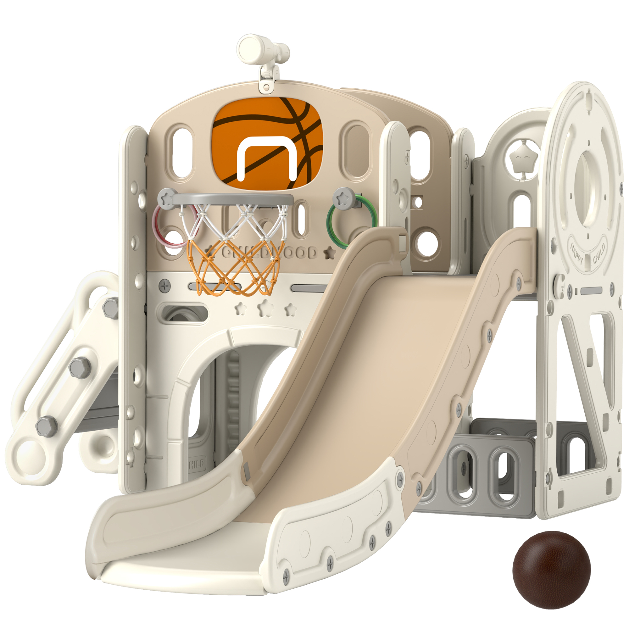 Kinder-Spielgerüst, 7-in-1 Rutsche, Indoor Spielplatz mit Stauraum und Krabbeltunnel, 186x153x111 cm, Cremeweiß
