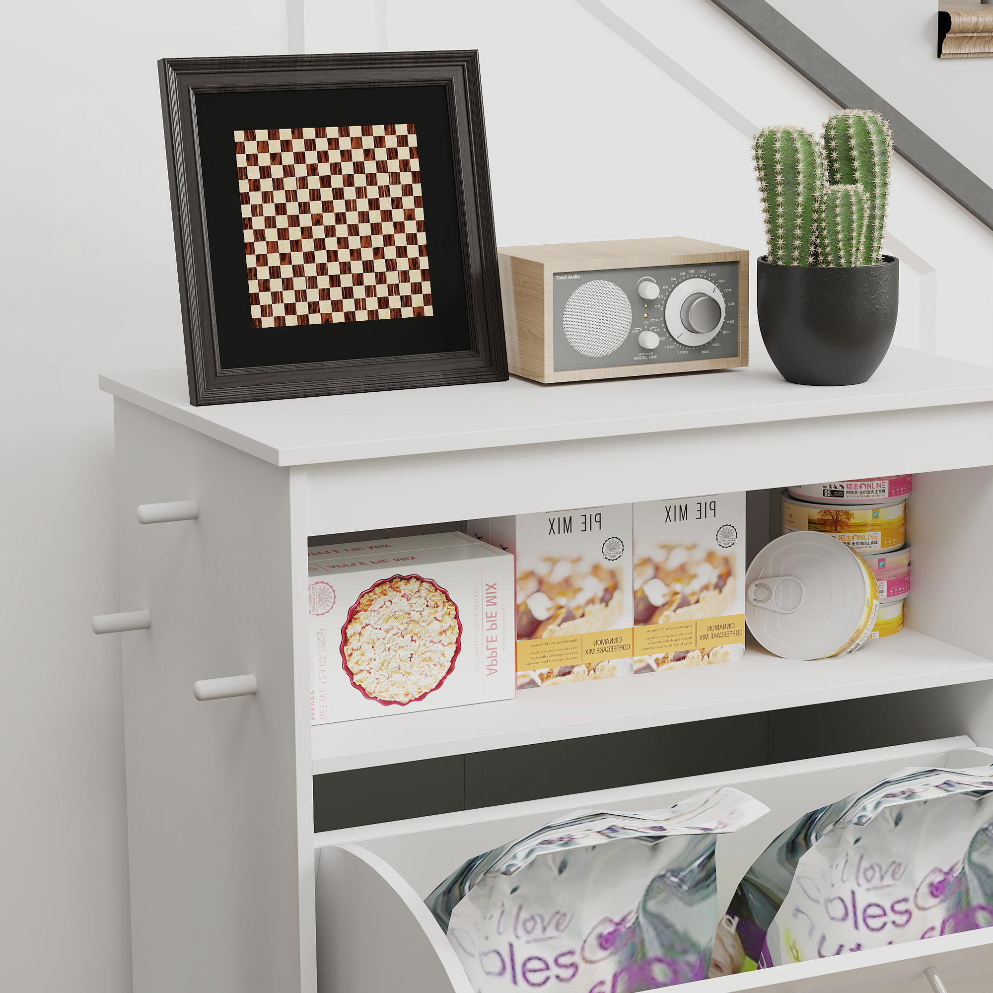 Futterstation für Haustiere, Aufbewahrungsschrank für Haustierbedarf, mit Futterschüsseln, Haken für Leinen, MDF, Weiß