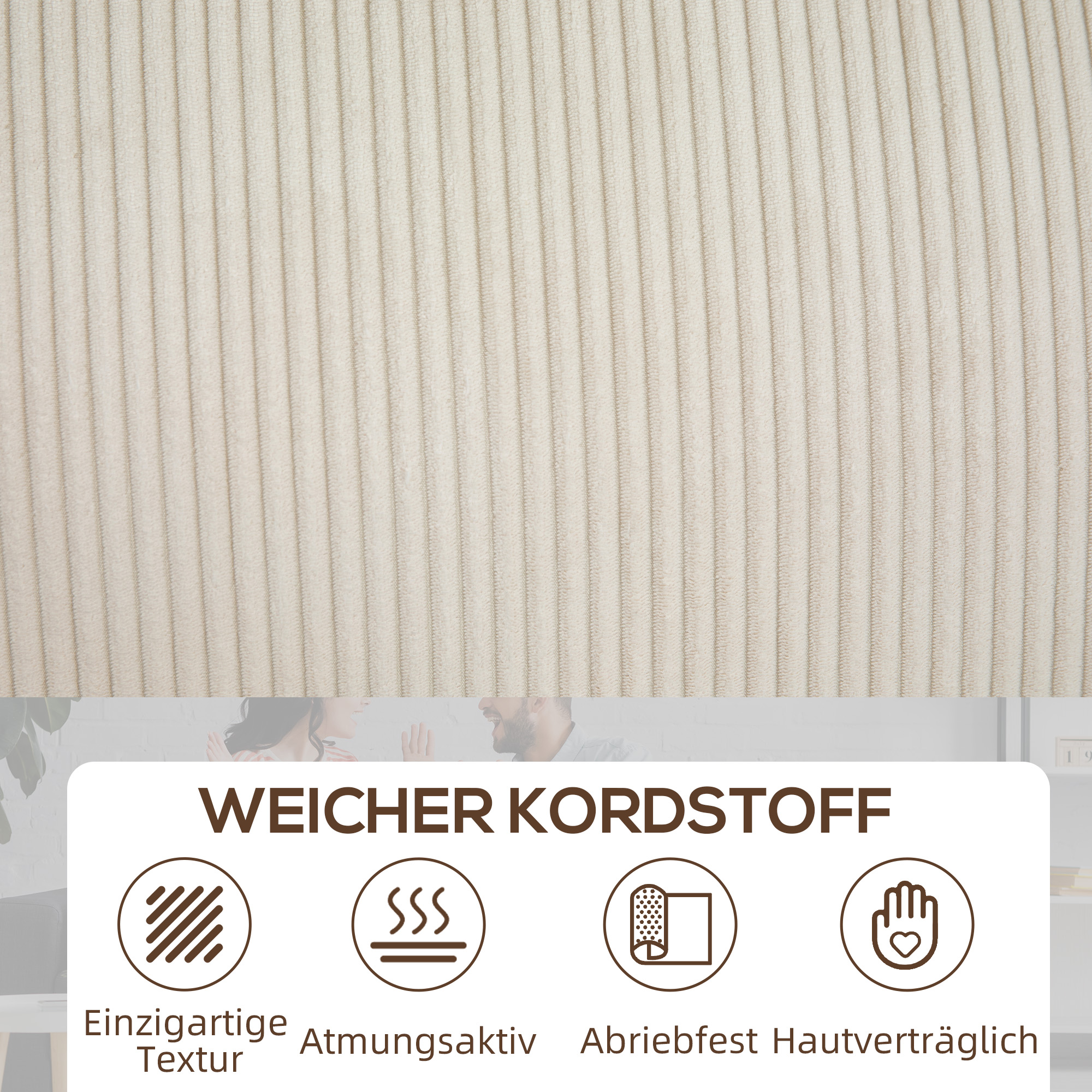 3-Sitzer Sofa mit Cordbezug, Wohnzimmersofa mit Federkern, bis 400 kg, 227 x 84 x 87 cm, Cremeweiß